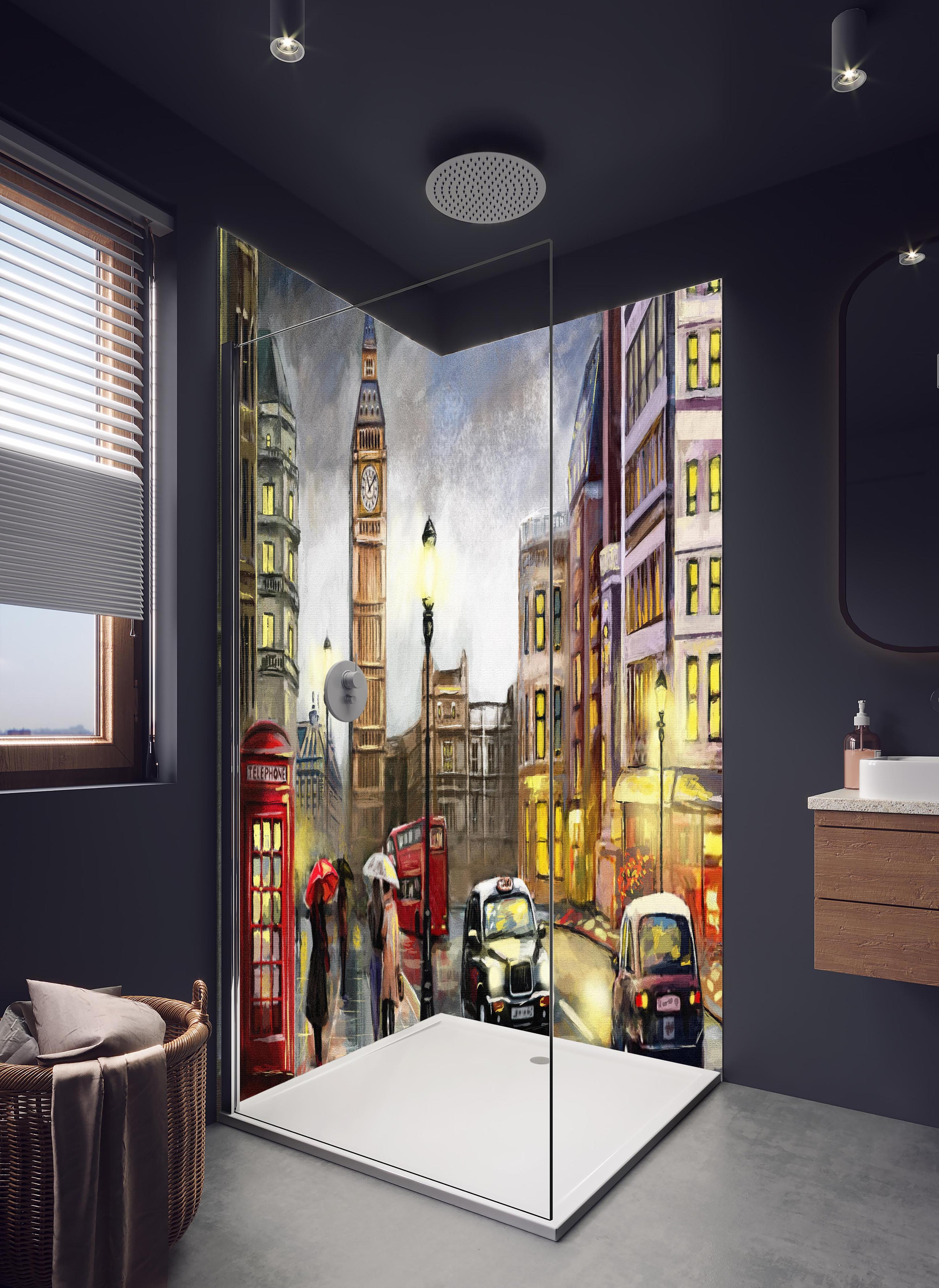 Duschrückwand - Ölgemälde von Londoner Innenstadt in hellem Badezimmer mit Regenduschkopf - zweiteilige Eck-Duschrückwand