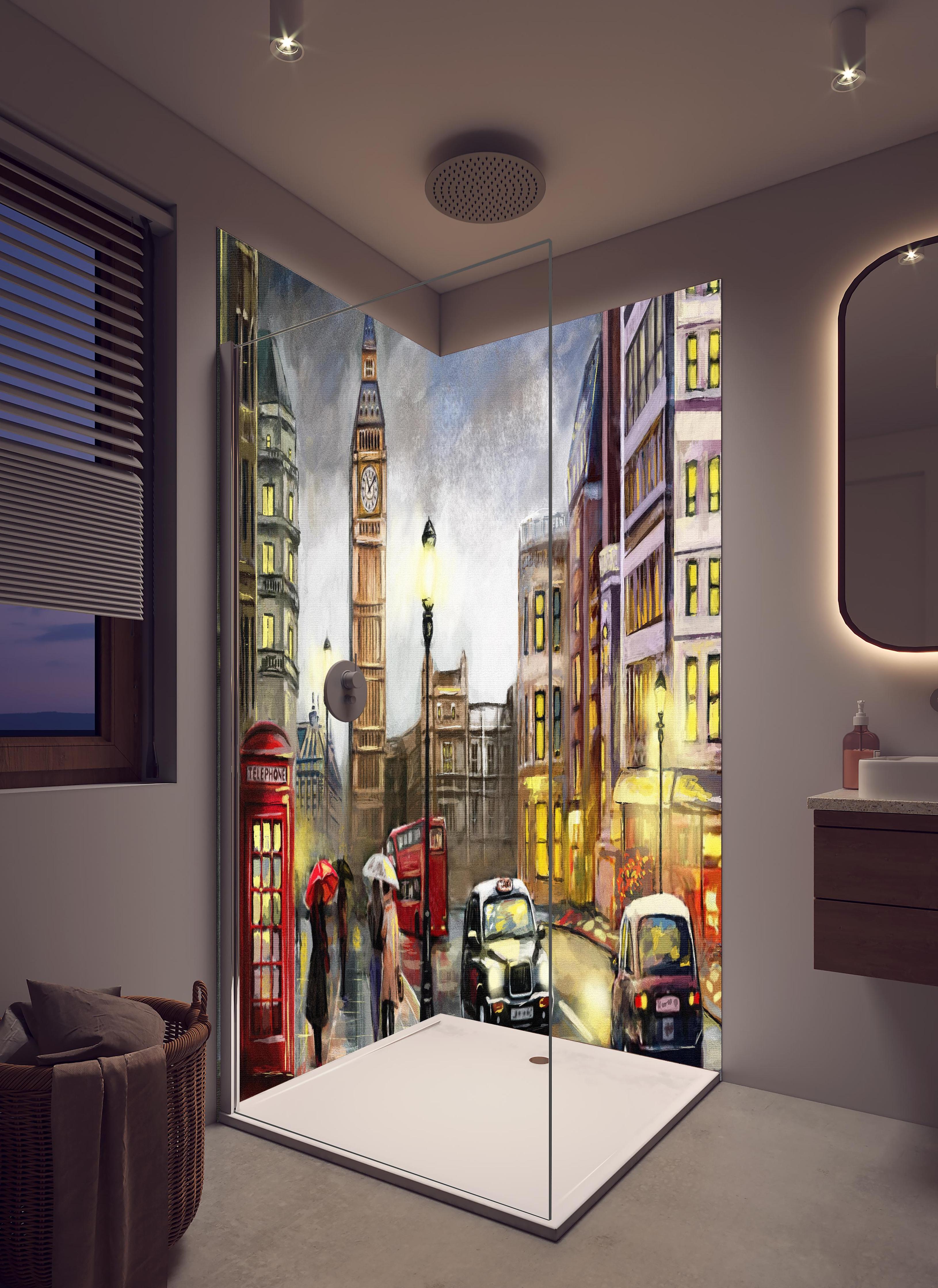 Duschrückwand - Ölgemälde von Londoner Innenstadt in hellem Badezimmer mit Regenduschkopf - zweiteilige Eck-Duschrückwand