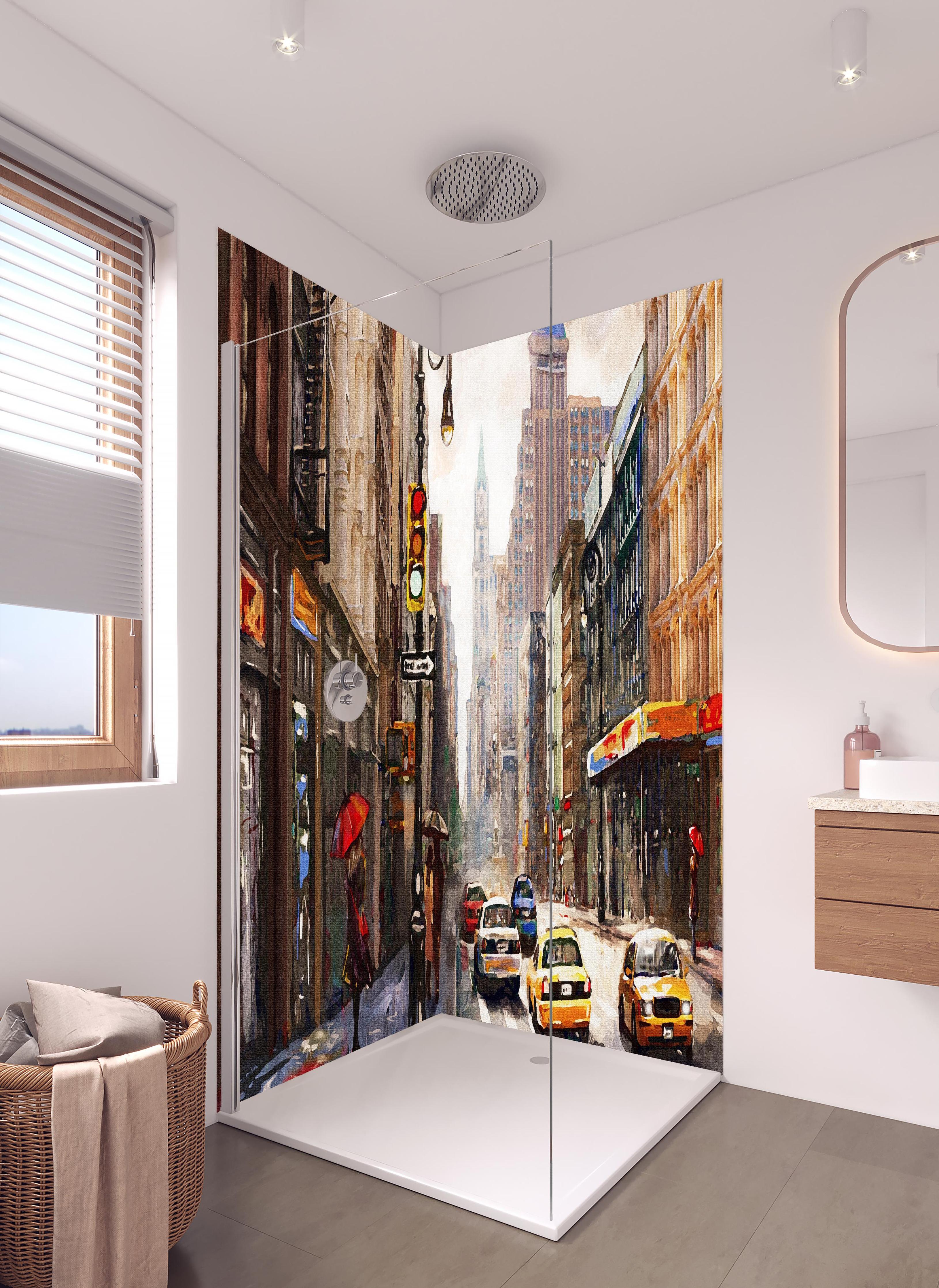 Duschrückwand - Ölgemälde von New Yorker Innenstadt in hellem Badezimmer mit Regenduschkopf - zweiteilige Eck-Duschrückwand