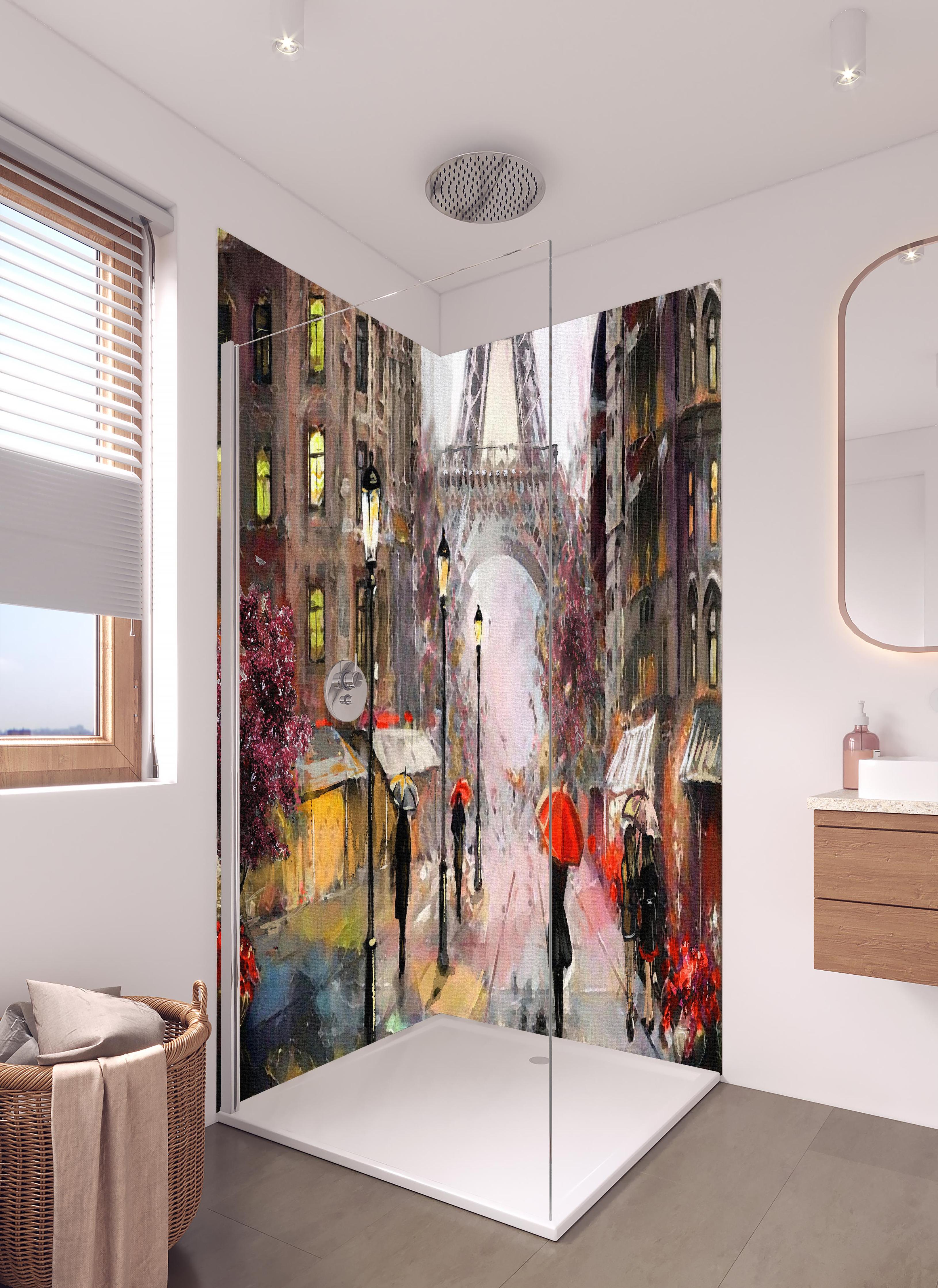 Duschrückwand - Ölgemälde von Pariser Innenstadt in hellem Badezimmer mit Regenduschkopf - zweiteilige Eck-Duschrückwand