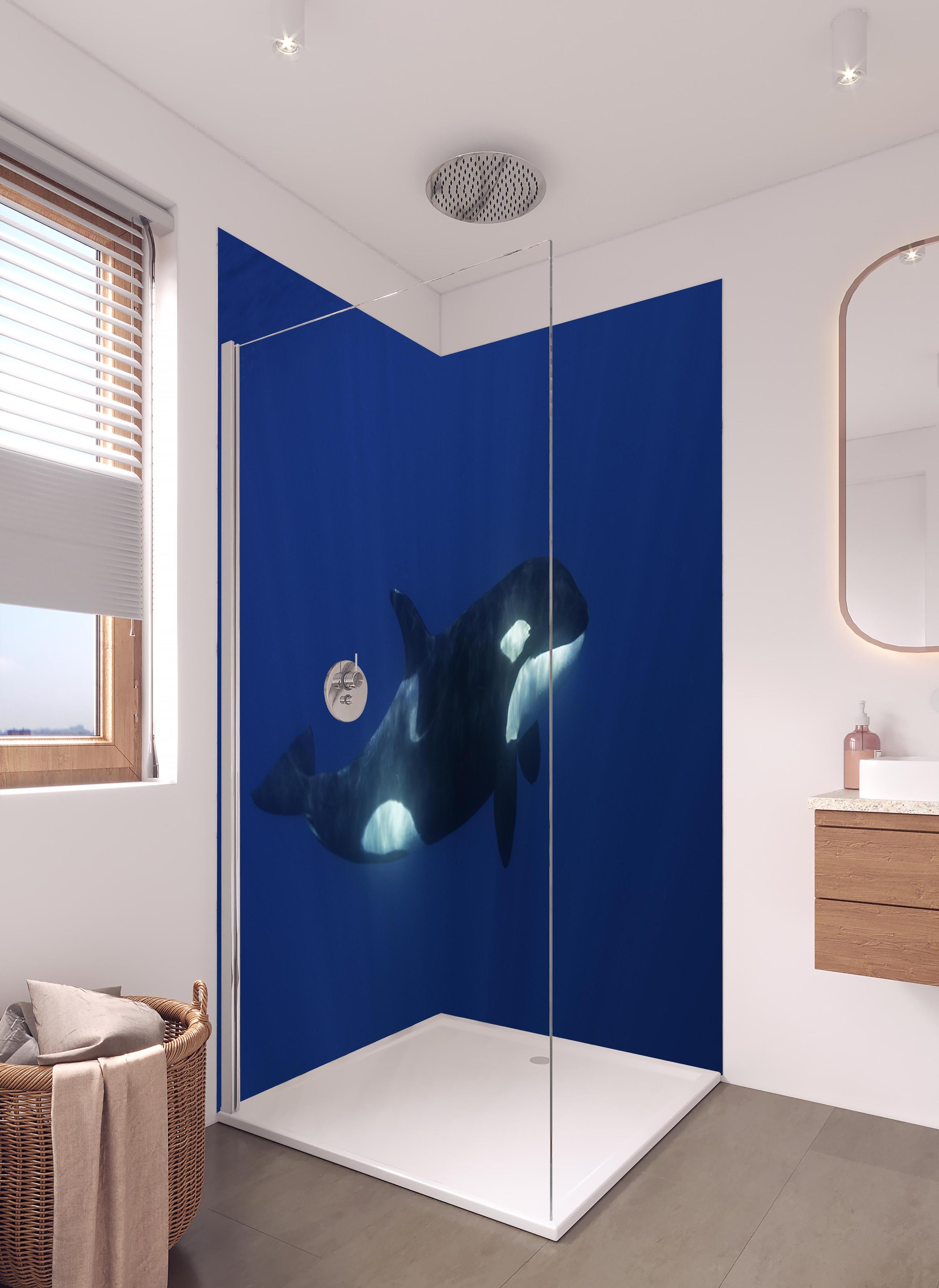 Duschrückwand - Orca im blauen Pazifik in hellem Badezimmer mit Regenduschkopf - zweiteilige Eck-Duschrückwand