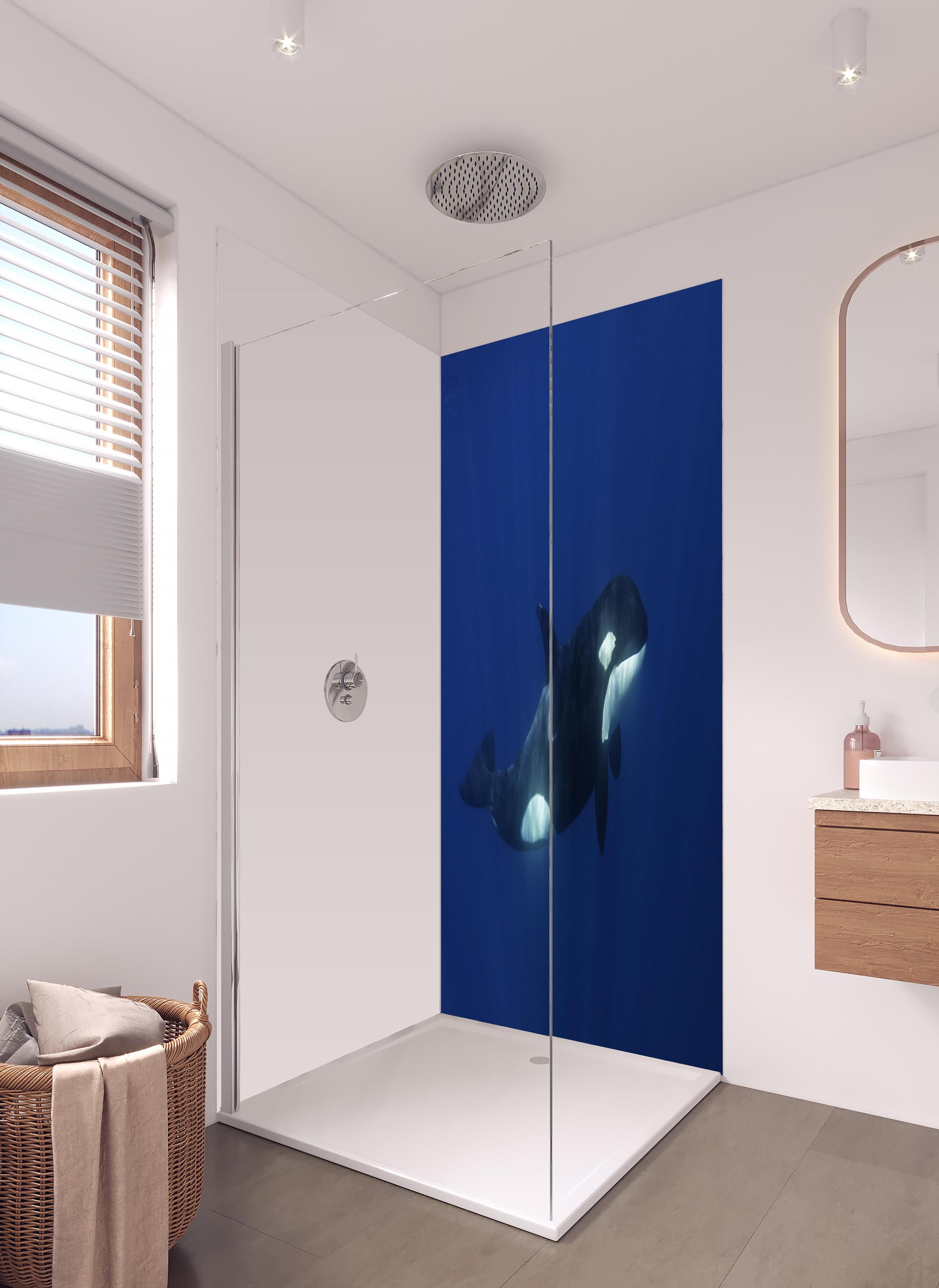 Duschrückwand - Orca im blauen Pazifik in hellem Badezimmer mit Regenduschkopf - zweiteilige Eck-Duschrückwand