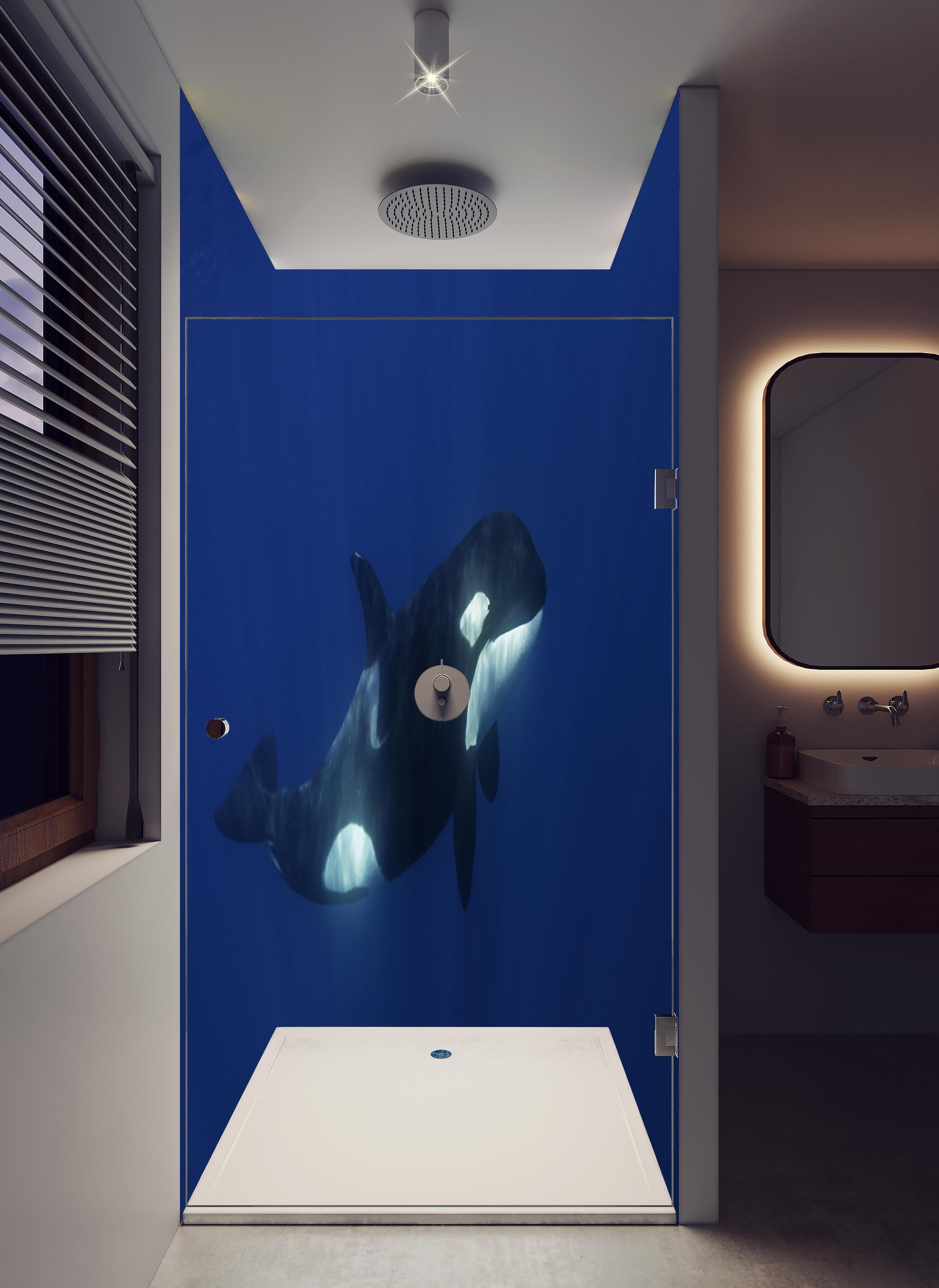 Duschrückwand - Orca im blauen Pazifik in hellem Badezimmer mit Regenduschkopf - zweiteilige Eck-Duschrückwand