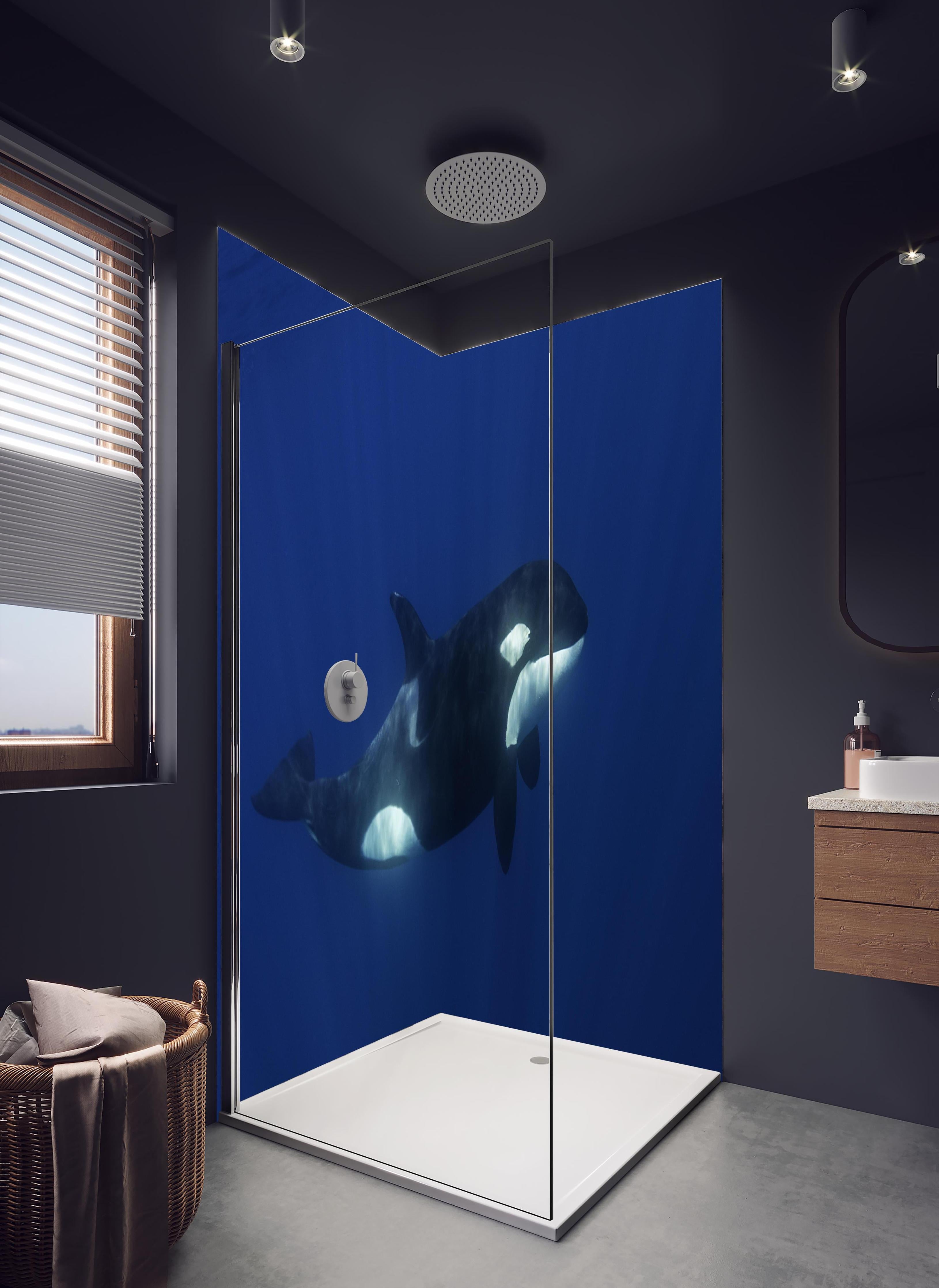 Duschrückwand - Orca im blauen Pazifik in hellem Badezimmer mit Regenduschkopf - zweiteilige Eck-Duschrückwand