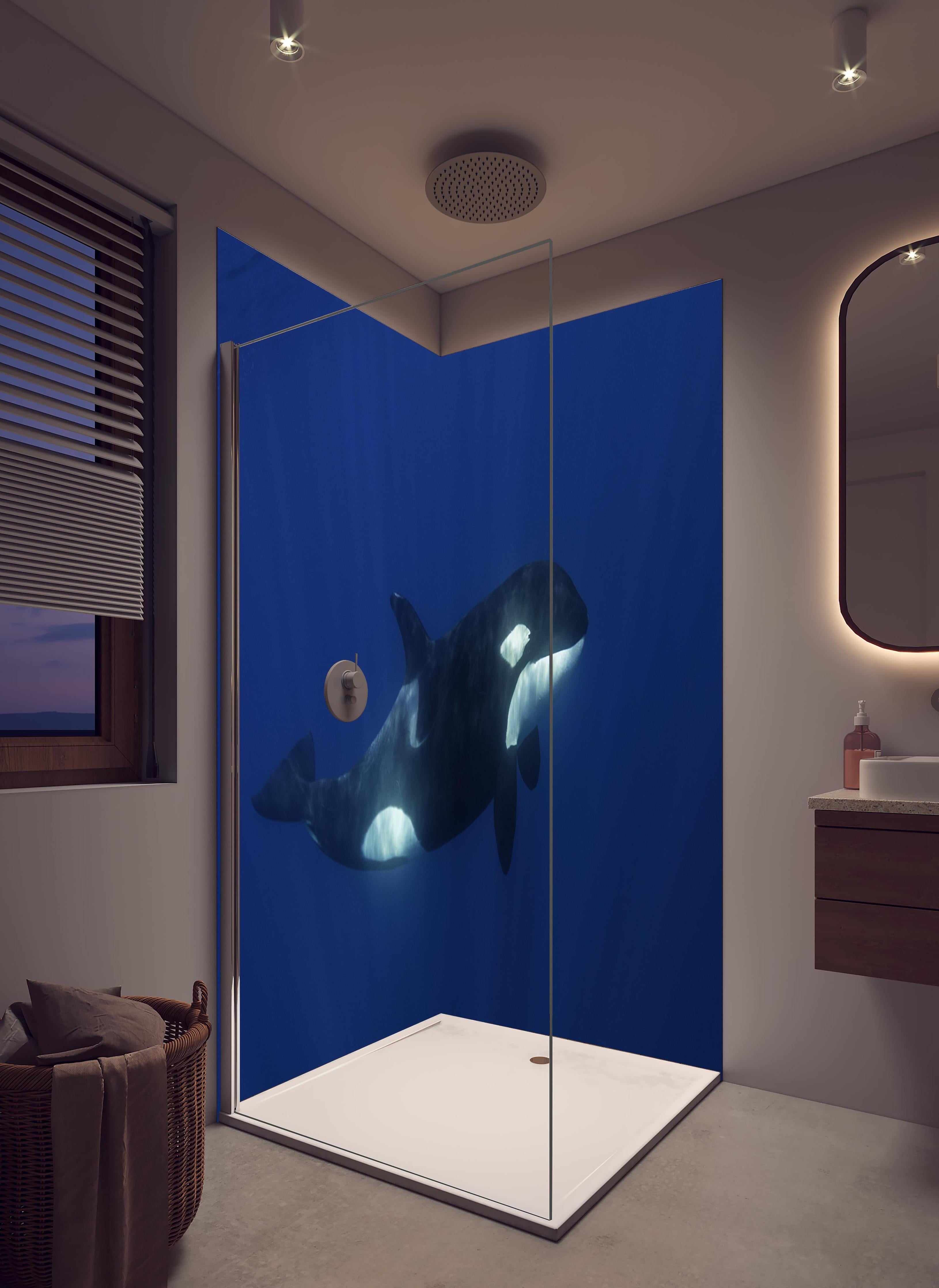 Duschrückwand - Orca im blauen Pazifik in hellem Badezimmer mit Regenduschkopf - zweiteilige Eck-Duschrückwand