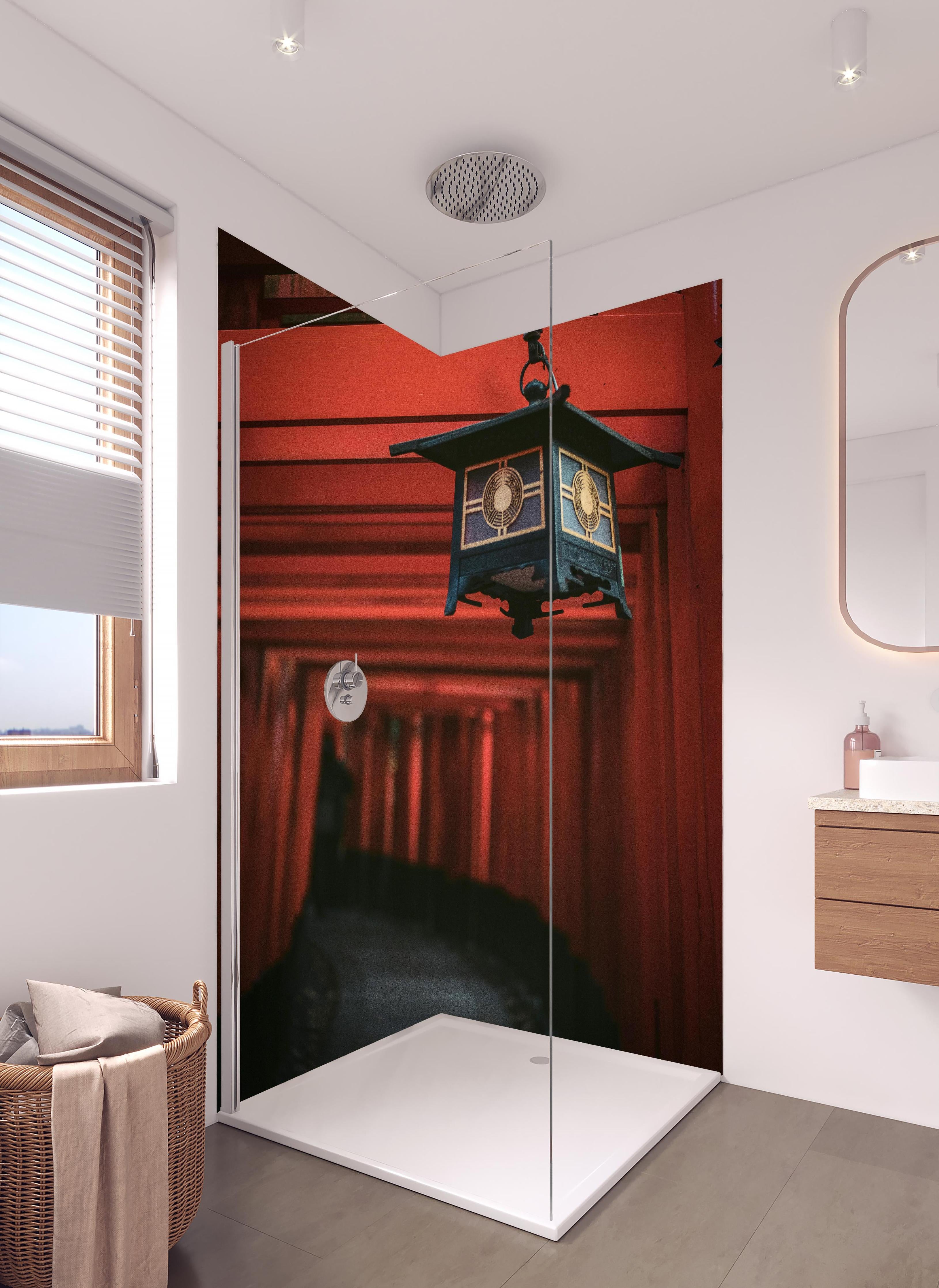 Duschrückwand - Orientalische Architektur in hellem Badezimmer mit Regenduschkopf - zweiteilige Eck-Duschrückwand