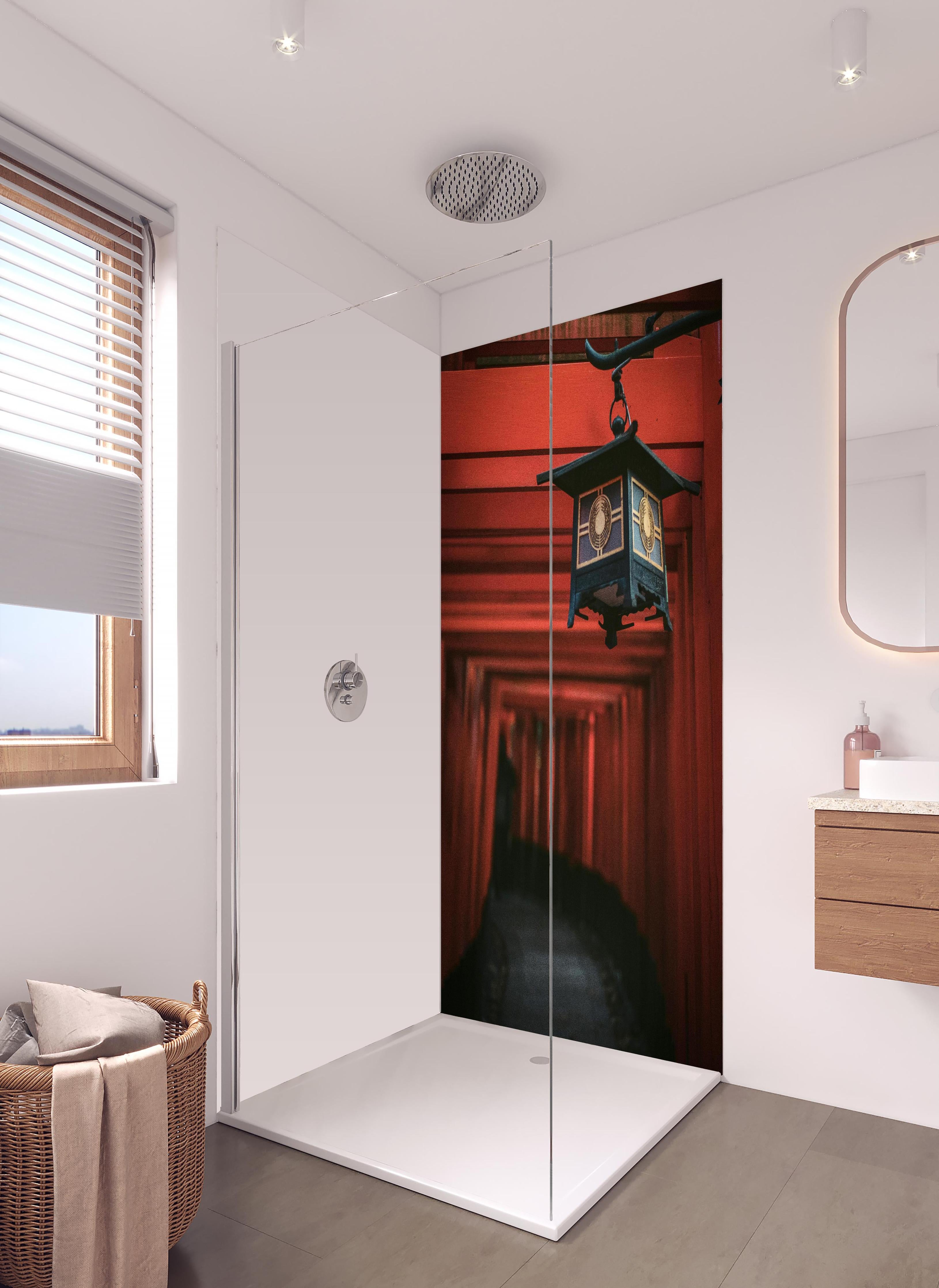 Duschrückwand - Orientalische Architektur in hellem Badezimmer mit Regenduschkopf - zweiteilige Eck-Duschrückwand