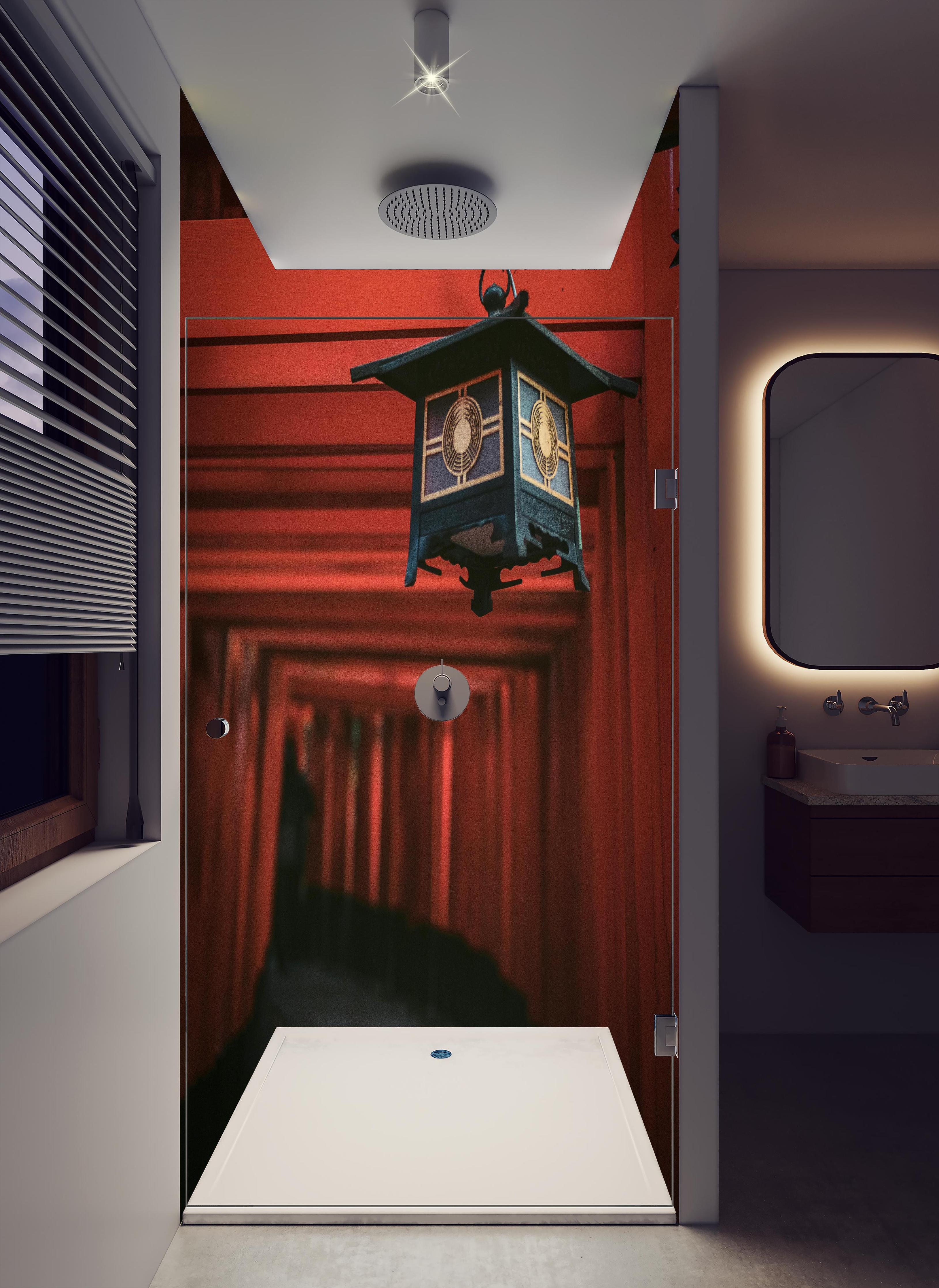 Duschrückwand - Orientalische Architektur in hellem Badezimmer mit Regenduschkopf - zweiteilige Eck-Duschrückwand