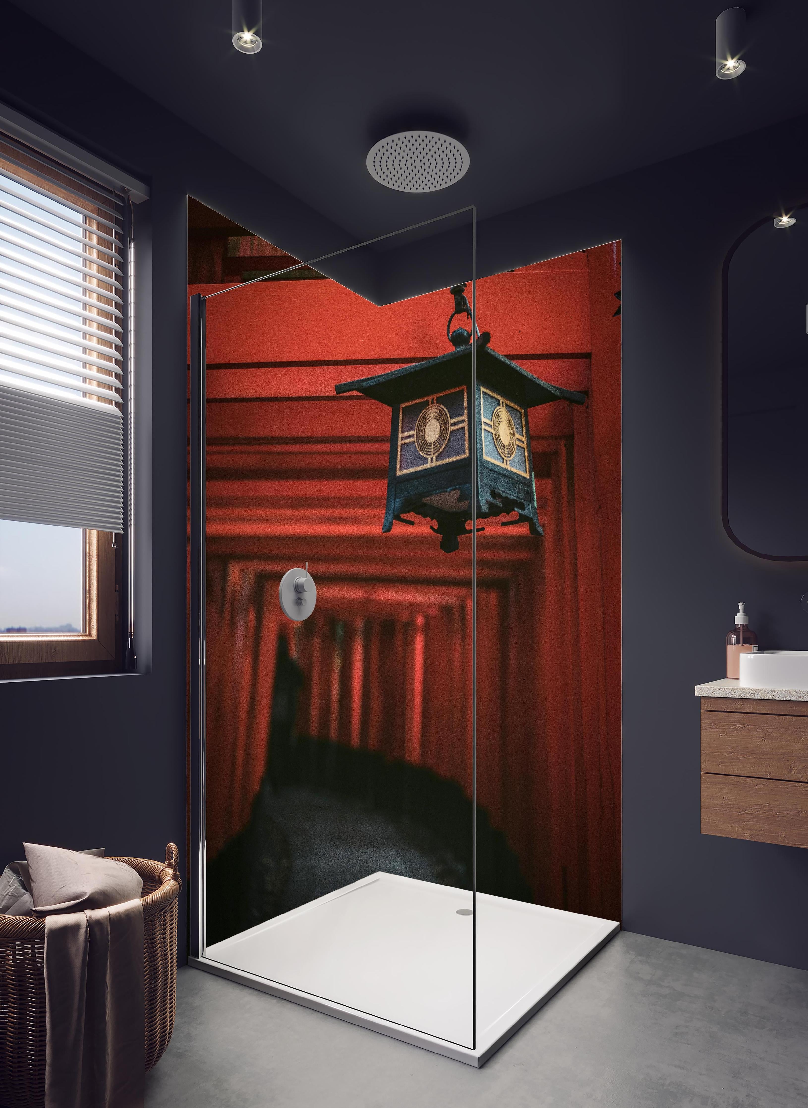 Duschrückwand - Orientalische Architektur in hellem Badezimmer mit Regenduschkopf - zweiteilige Eck-Duschrückwand