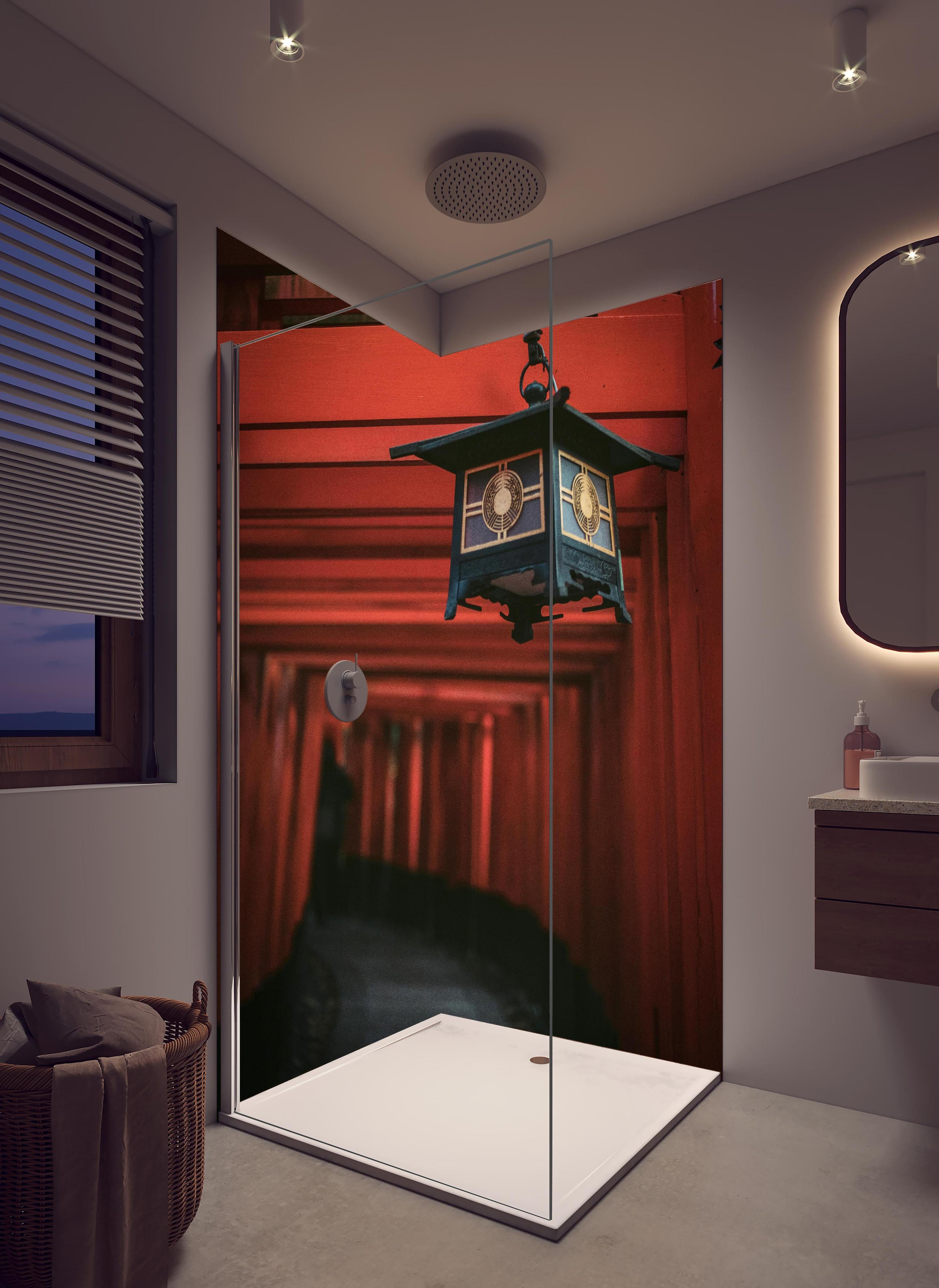 Duschrückwand - Orientalische Architektur in hellem Badezimmer mit Regenduschkopf - zweiteilige Eck-Duschrückwand