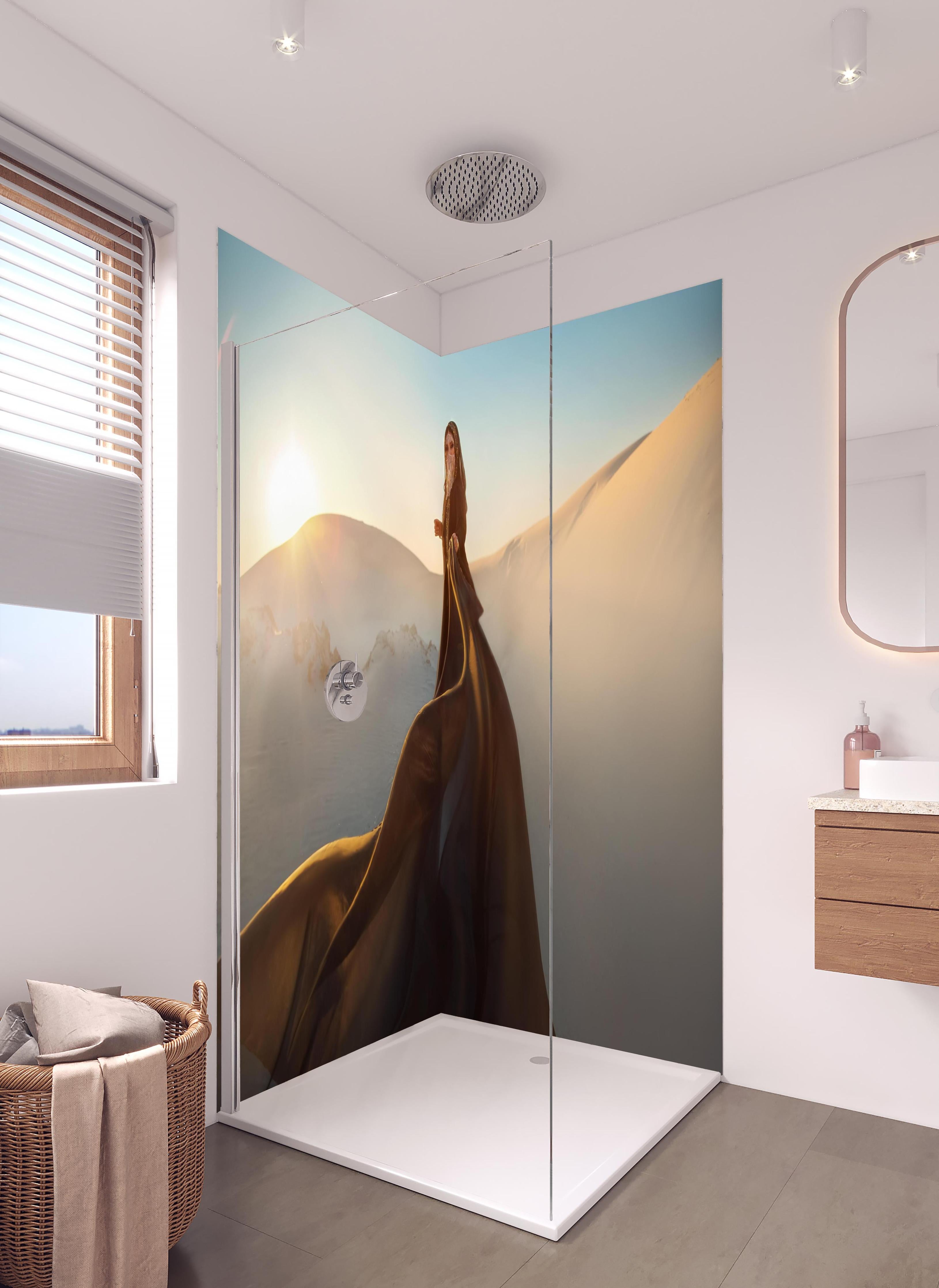 Duschrückwand - Orientalische Darstellung einer Frau in hellem Badezimmer mit Regenduschkopf - zweiteilige Eck-Duschrückwand