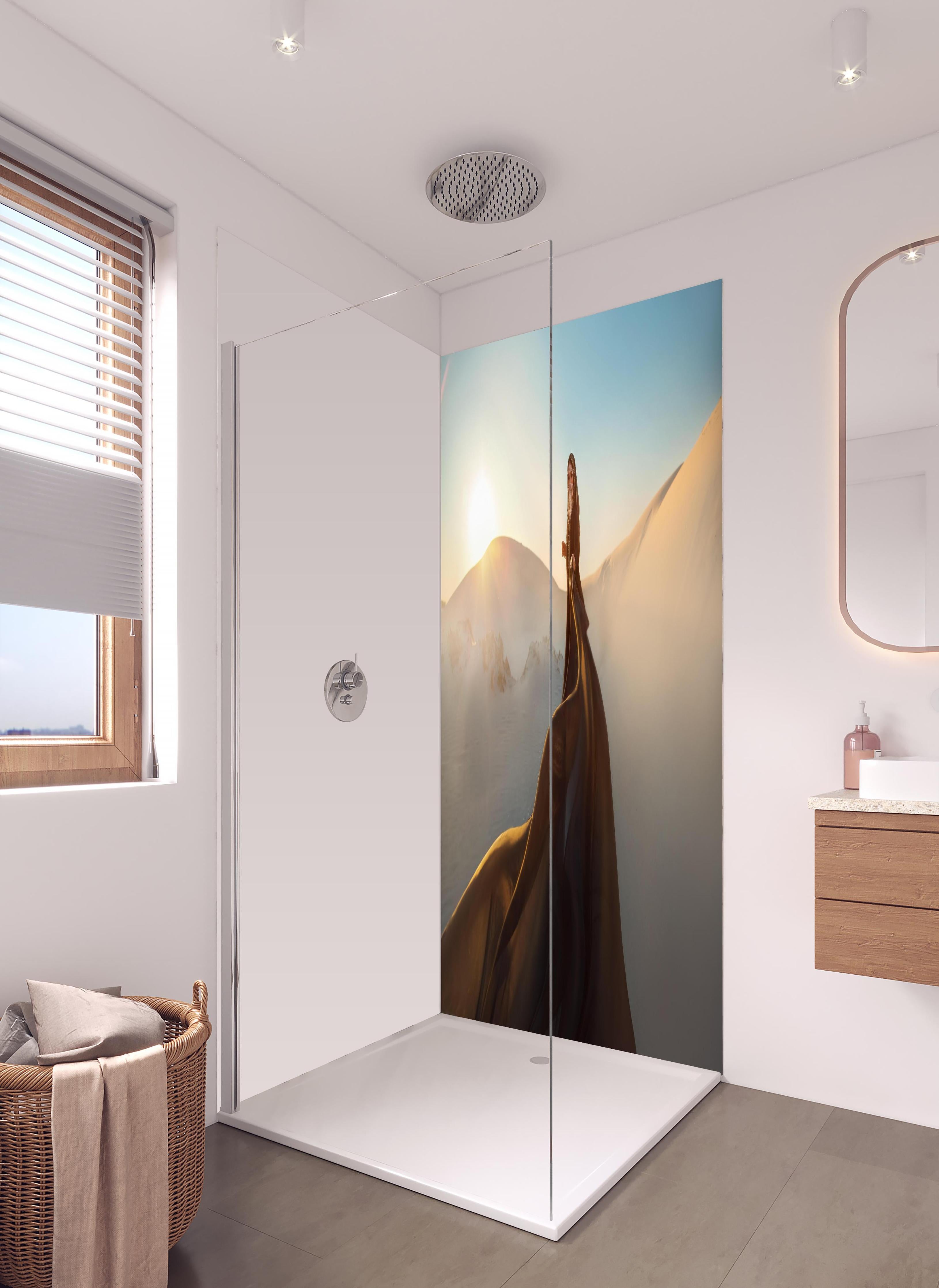 Duschrückwand - Orientalische Darstellung einer Frau in hellem Badezimmer mit Regenduschkopf - zweiteilige Eck-Duschrückwand