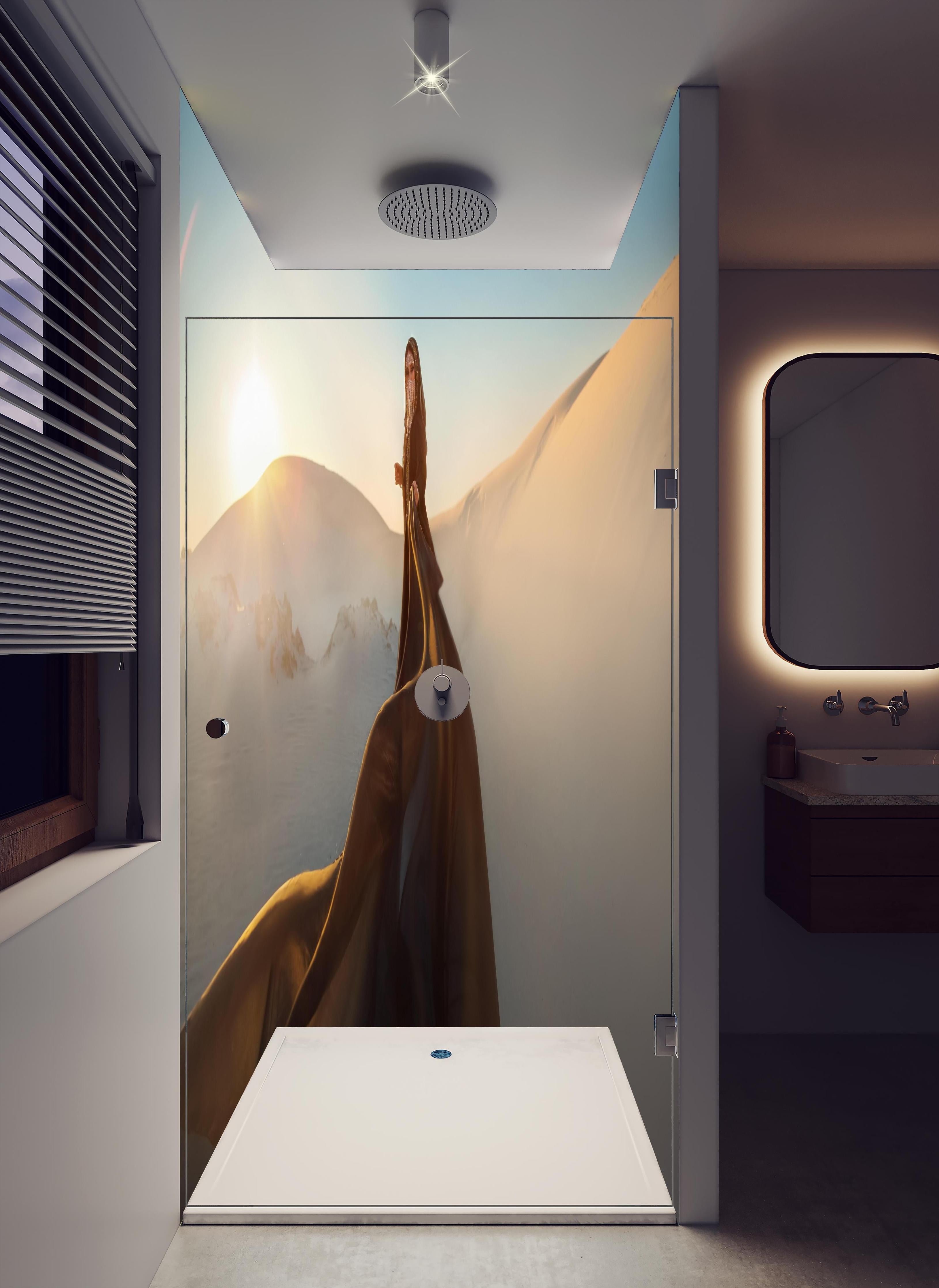 Duschrückwand - Orientalische Darstellung einer Frau in hellem Badezimmer mit Regenduschkopf - zweiteilige Eck-Duschrückwand