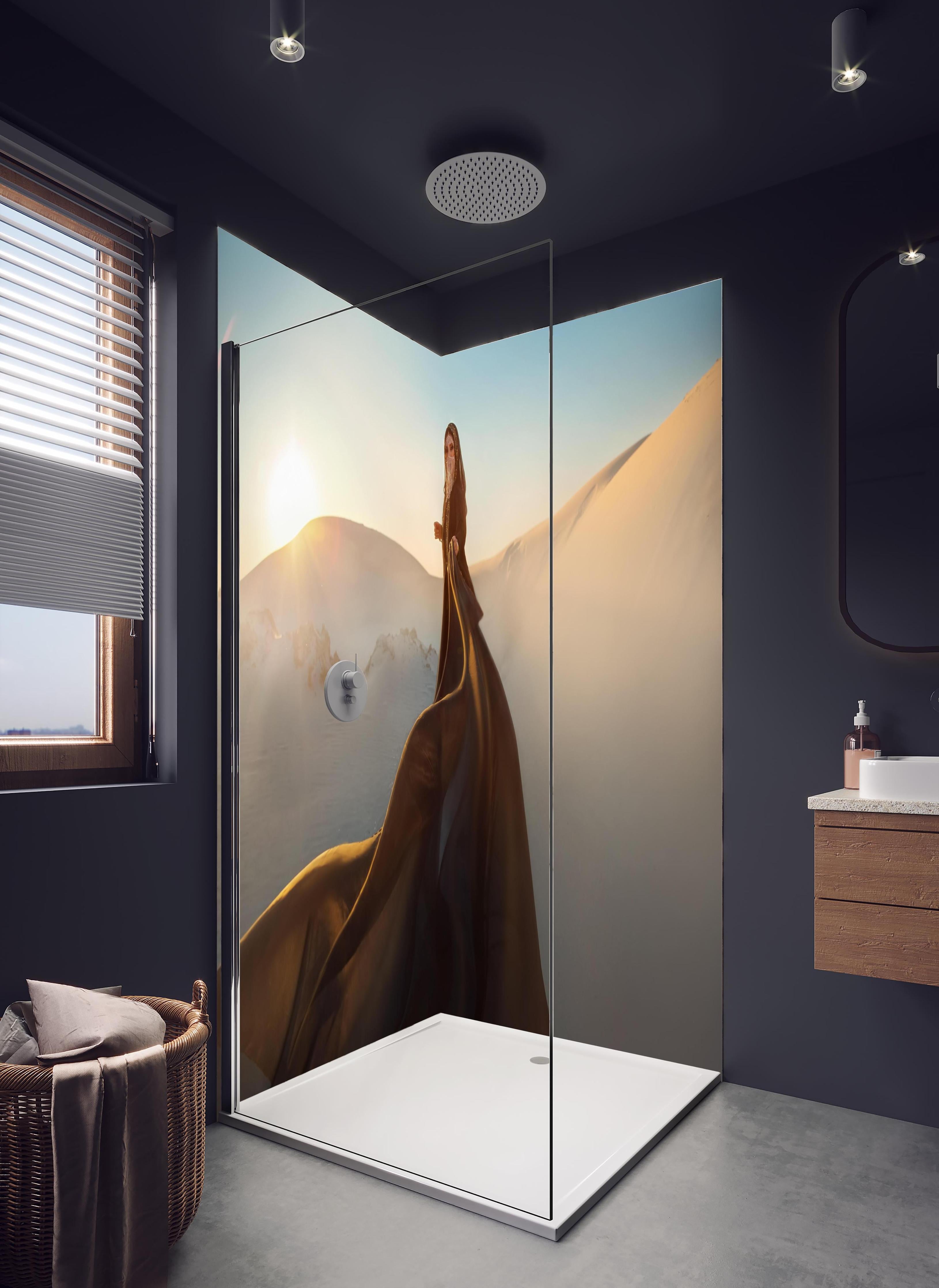 Duschrückwand - Orientalische Darstellung einer Frau in hellem Badezimmer mit Regenduschkopf - zweiteilige Eck-Duschrückwand