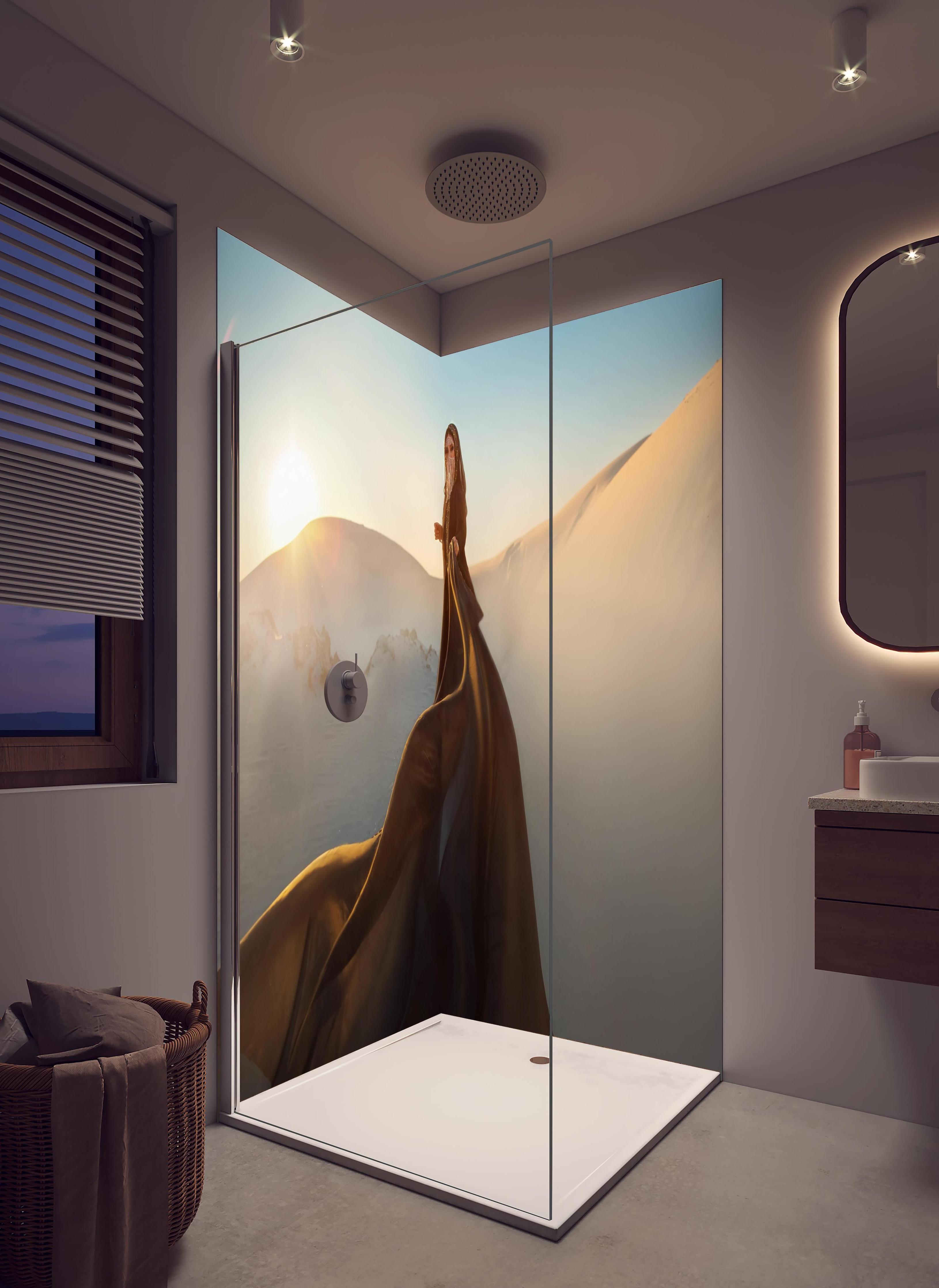 Duschrückwand - Orientalische Darstellung einer Frau in hellem Badezimmer mit Regenduschkopf - zweiteilige Eck-Duschrückwand