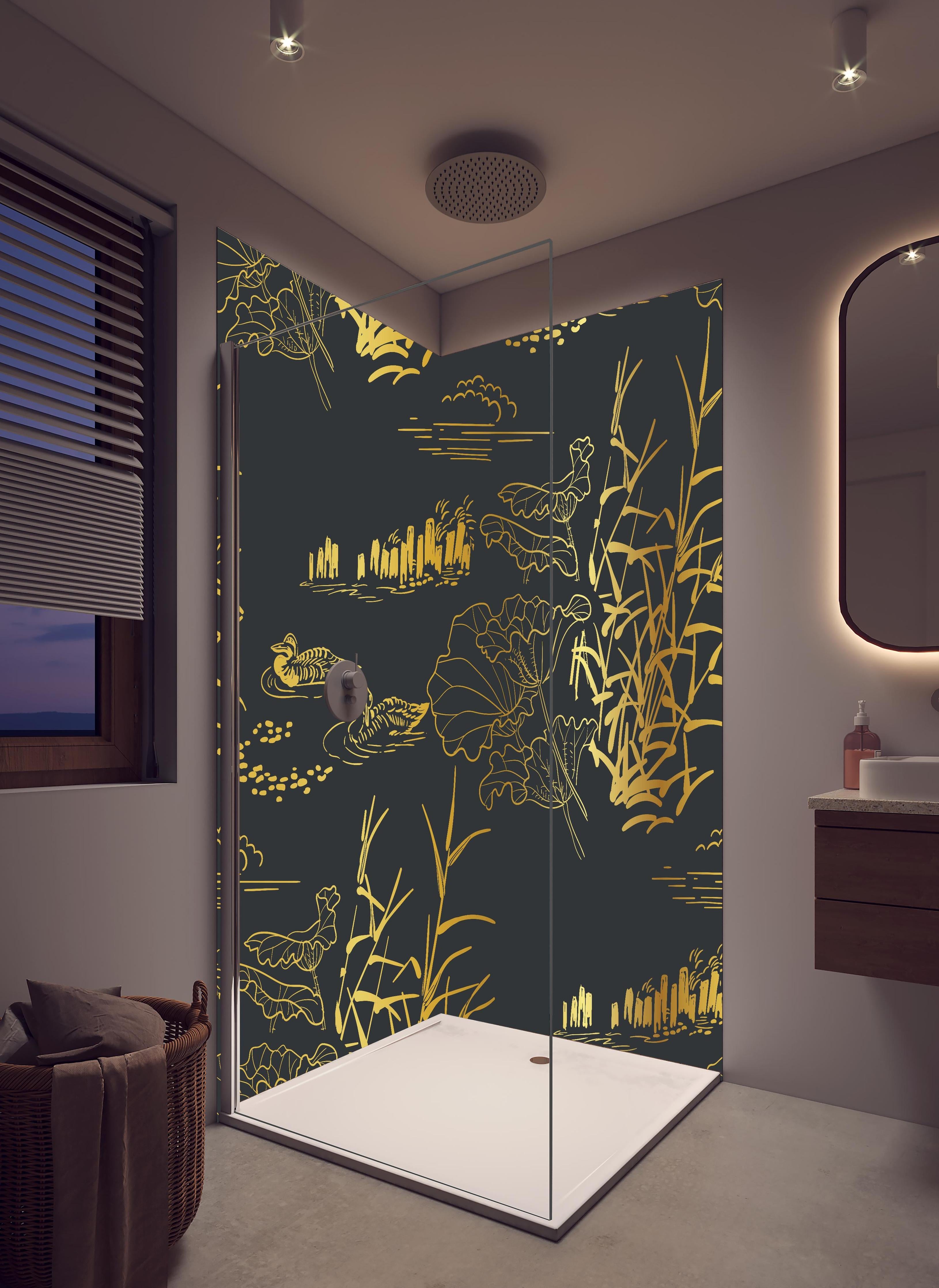 Duschrückwand - Orientalische Goldmuster Nachtblaue Tapete in hellem Badezimmer mit Regenduschkopf - zweiteilige Eck-Duschrückwand
