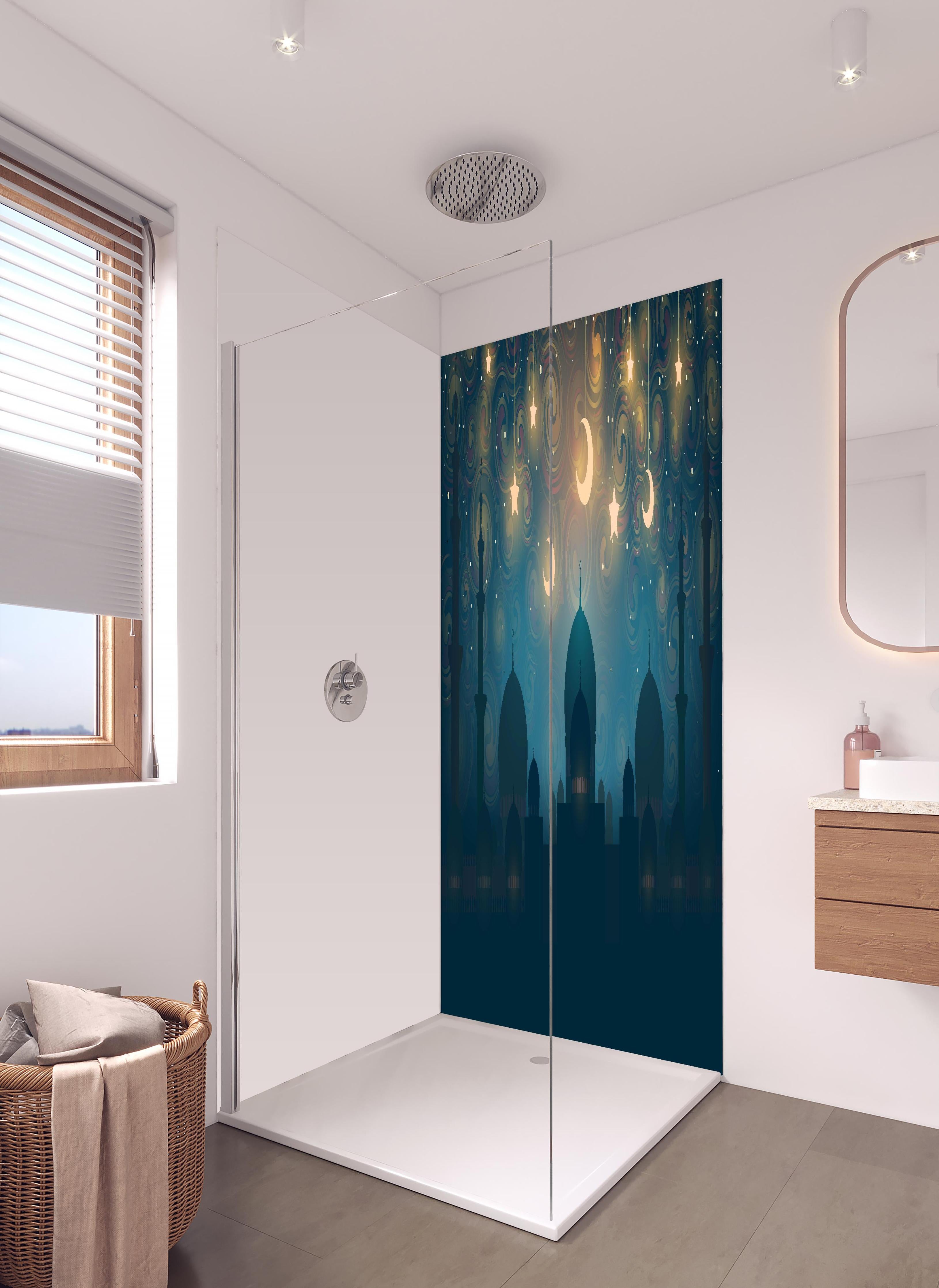 Duschrückwand - Orientalische Moschee Nacht Silhouette in hellem Badezimmer mit Regenduschkopf - zweiteilige Eck-Duschrückwand