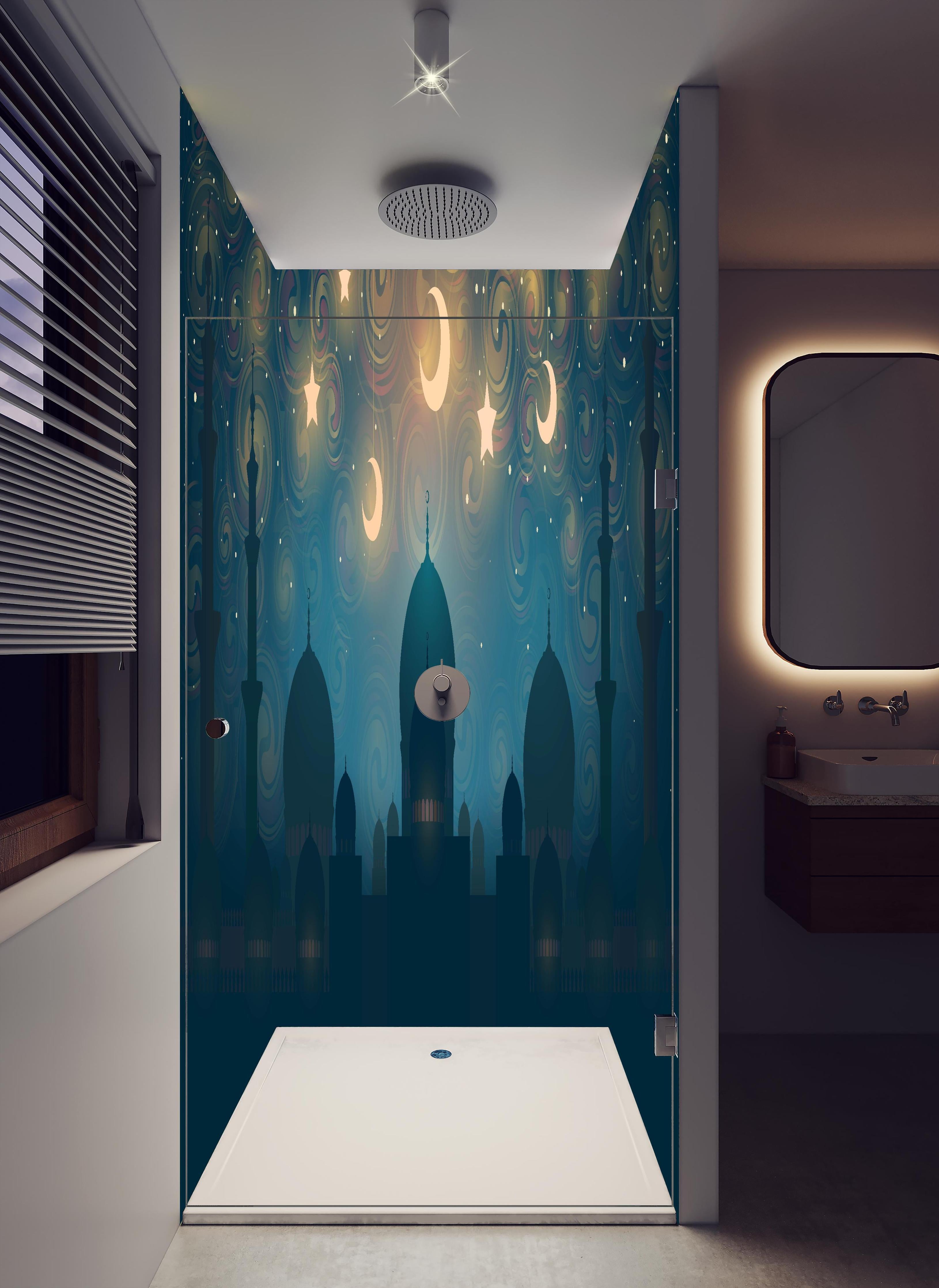 Duschrückwand - Orientalische Moschee Nacht Silhouette in hellem Badezimmer mit Regenduschkopf - zweiteilige Eck-Duschrückwand