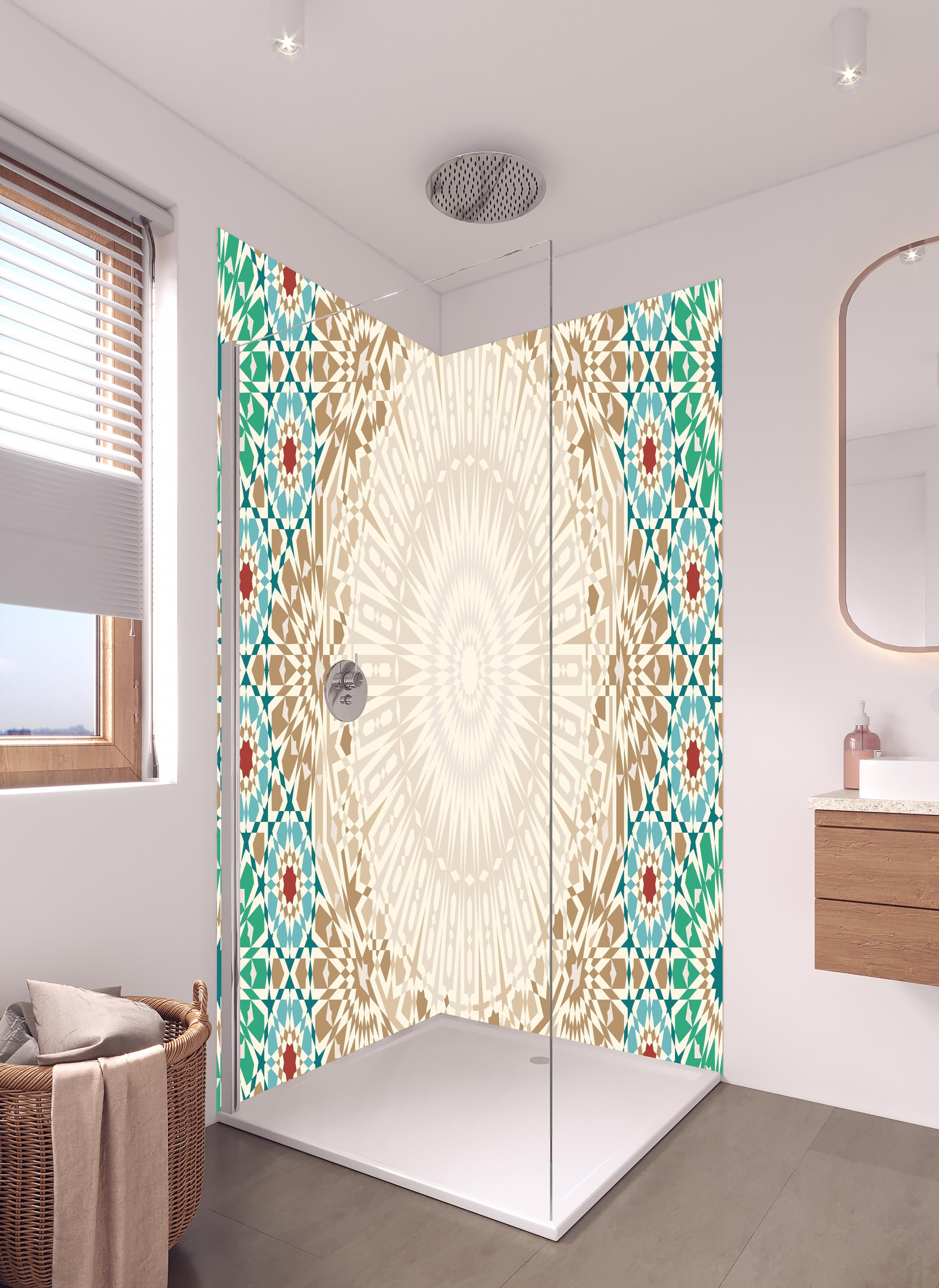 Duschrückwand - Ornamentales Mandala-Muster in Beige in hellem Badezimmer mit Regenduschkopf - zweiteilige Eck-Duschrückwand