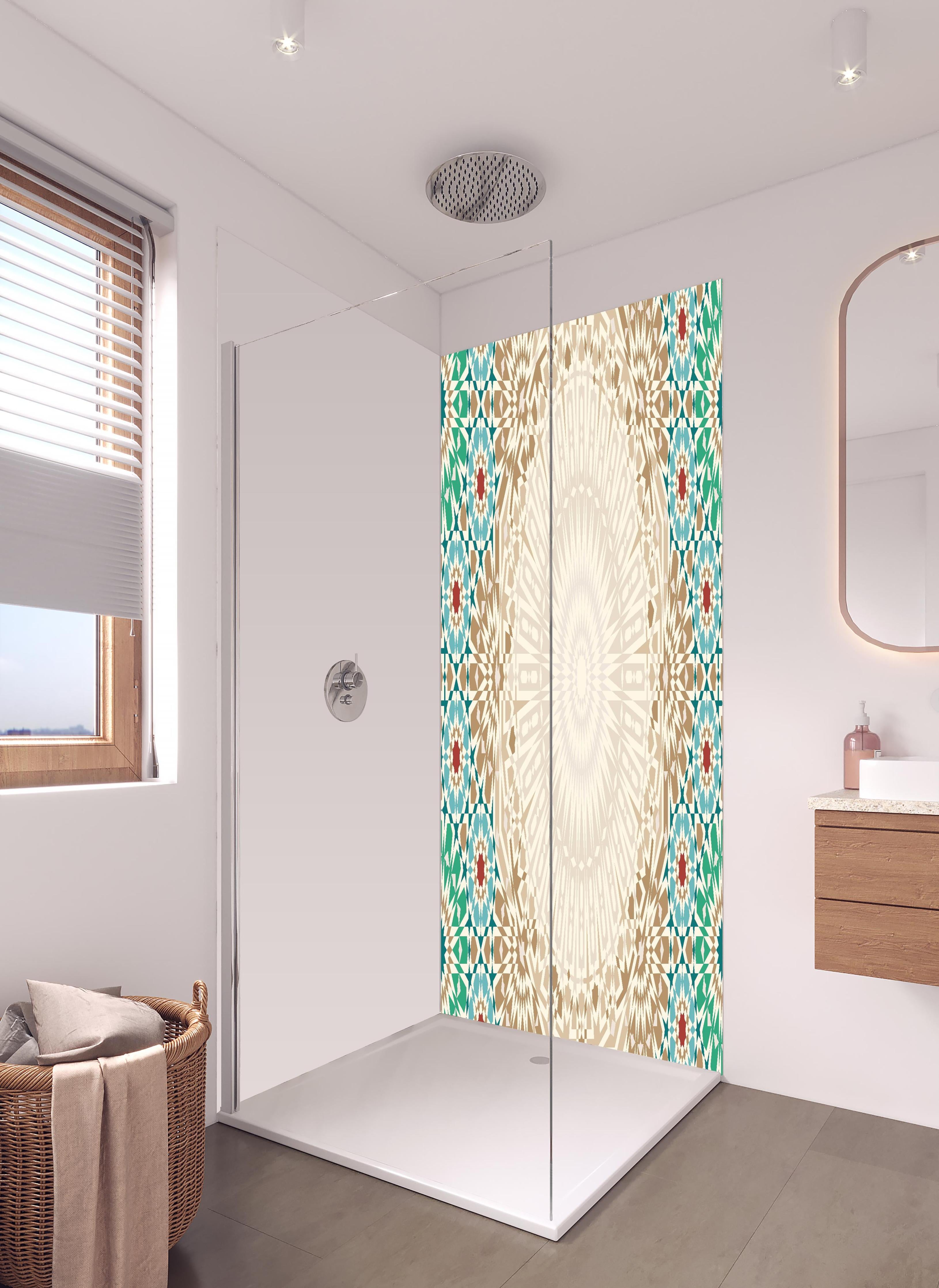 Duschrückwand - Ornamentales Mandala-Muster in Beige in hellem Badezimmer mit Regenduschkopf - zweiteilige Eck-Duschrückwand