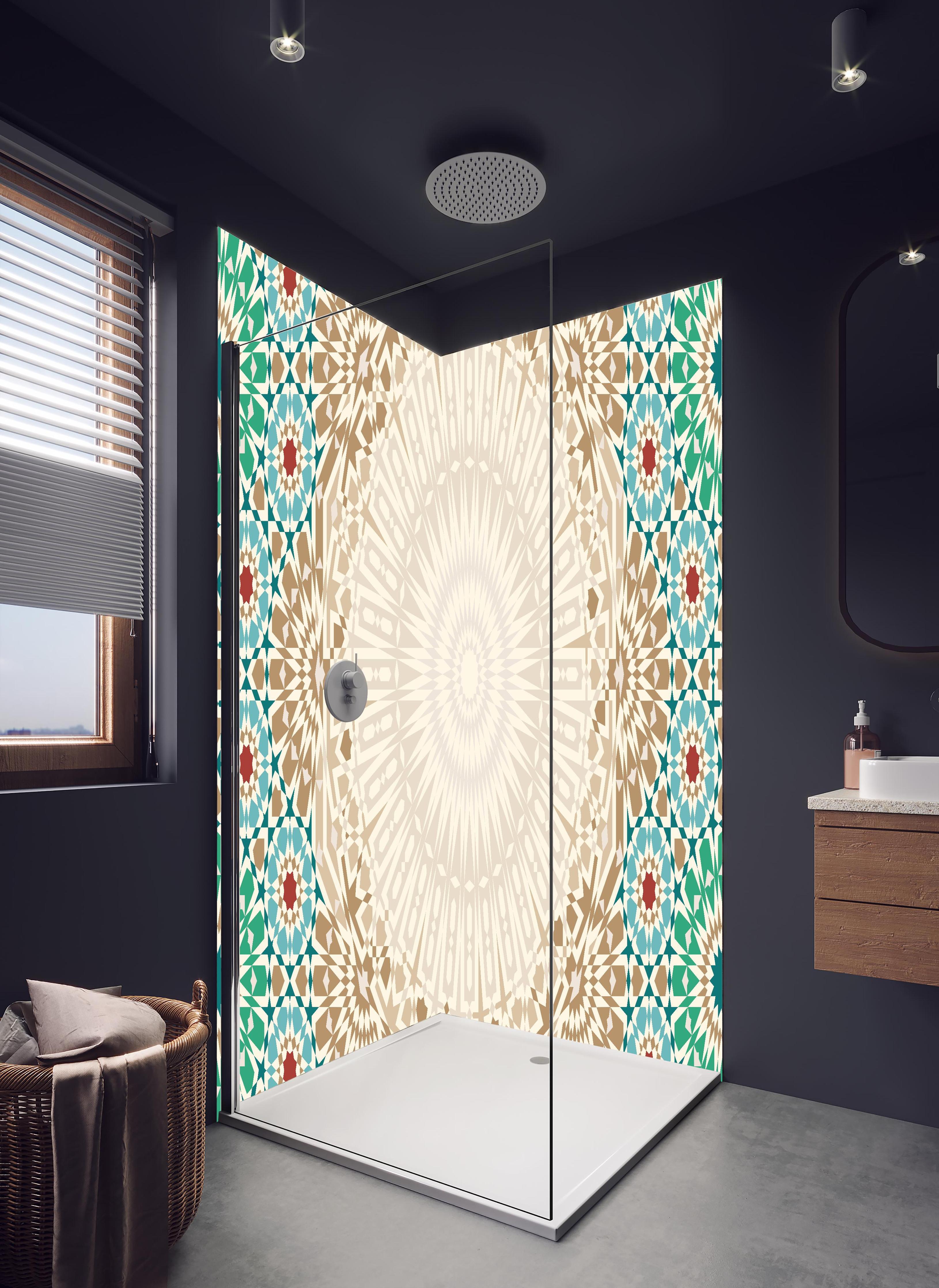 Duschrückwand - Ornamentales Mandala-Muster in Beige in hellem Badezimmer mit Regenduschkopf - zweiteilige Eck-Duschrückwand