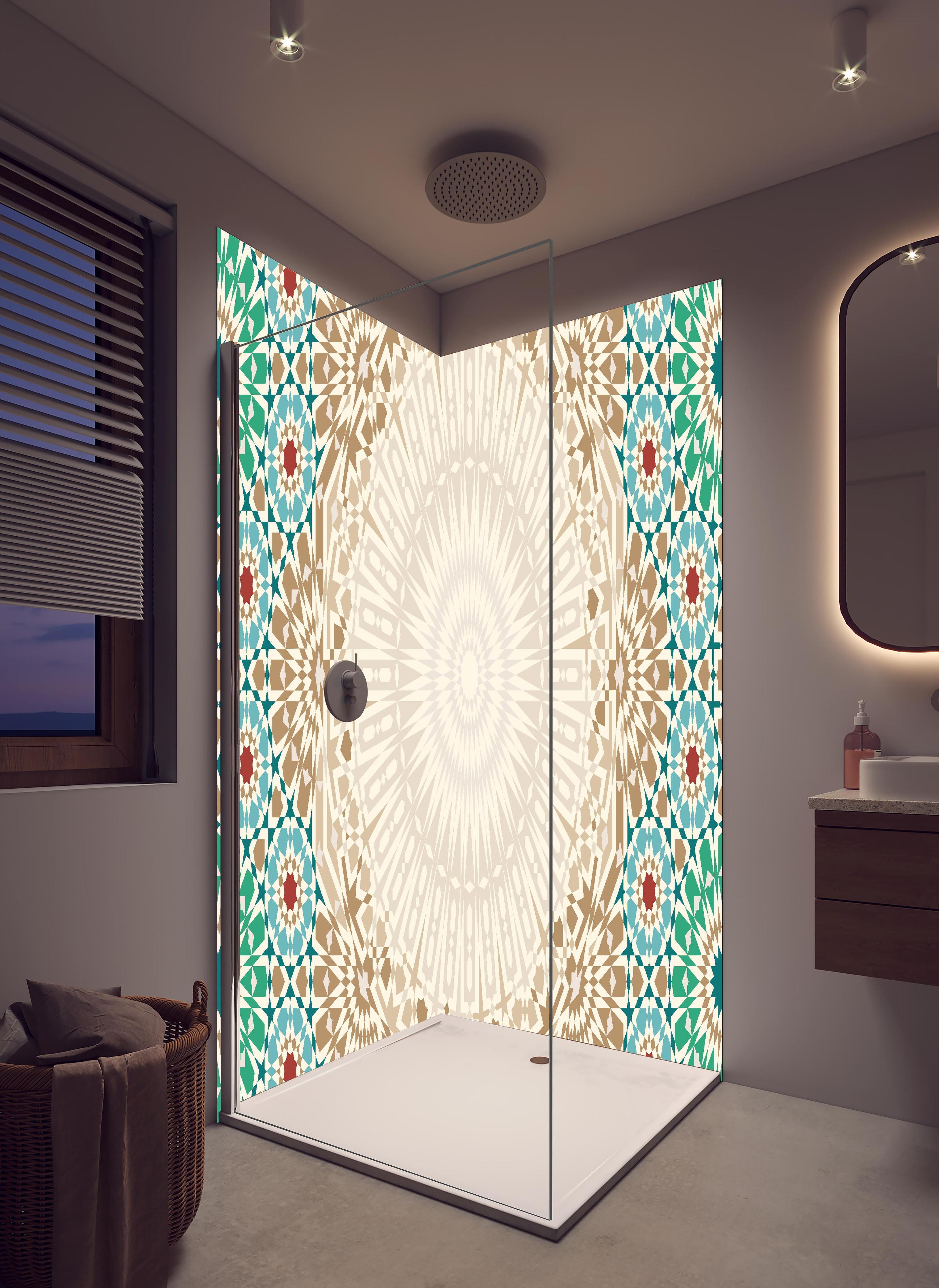 Duschrückwand - Ornamentales Mandala-Muster in Beige in hellem Badezimmer mit Regenduschkopf - zweiteilige Eck-Duschrückwand