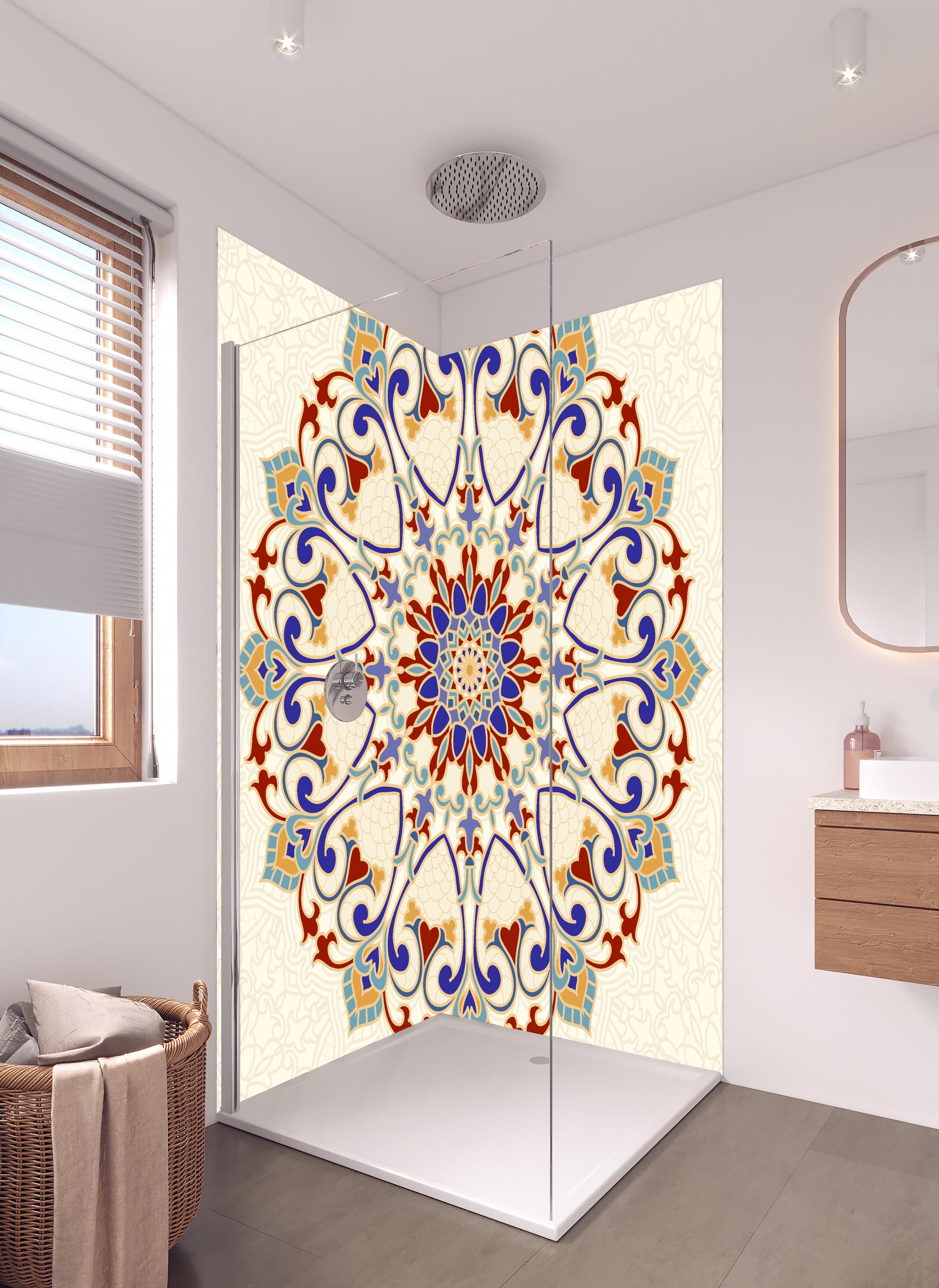 Duschrückwand - Ornamentales Mosaik Mandala in leuchtenden Farben in hellem Badezimmer mit Regenduschkopf - zweiteilige Eck-Duschrückwand