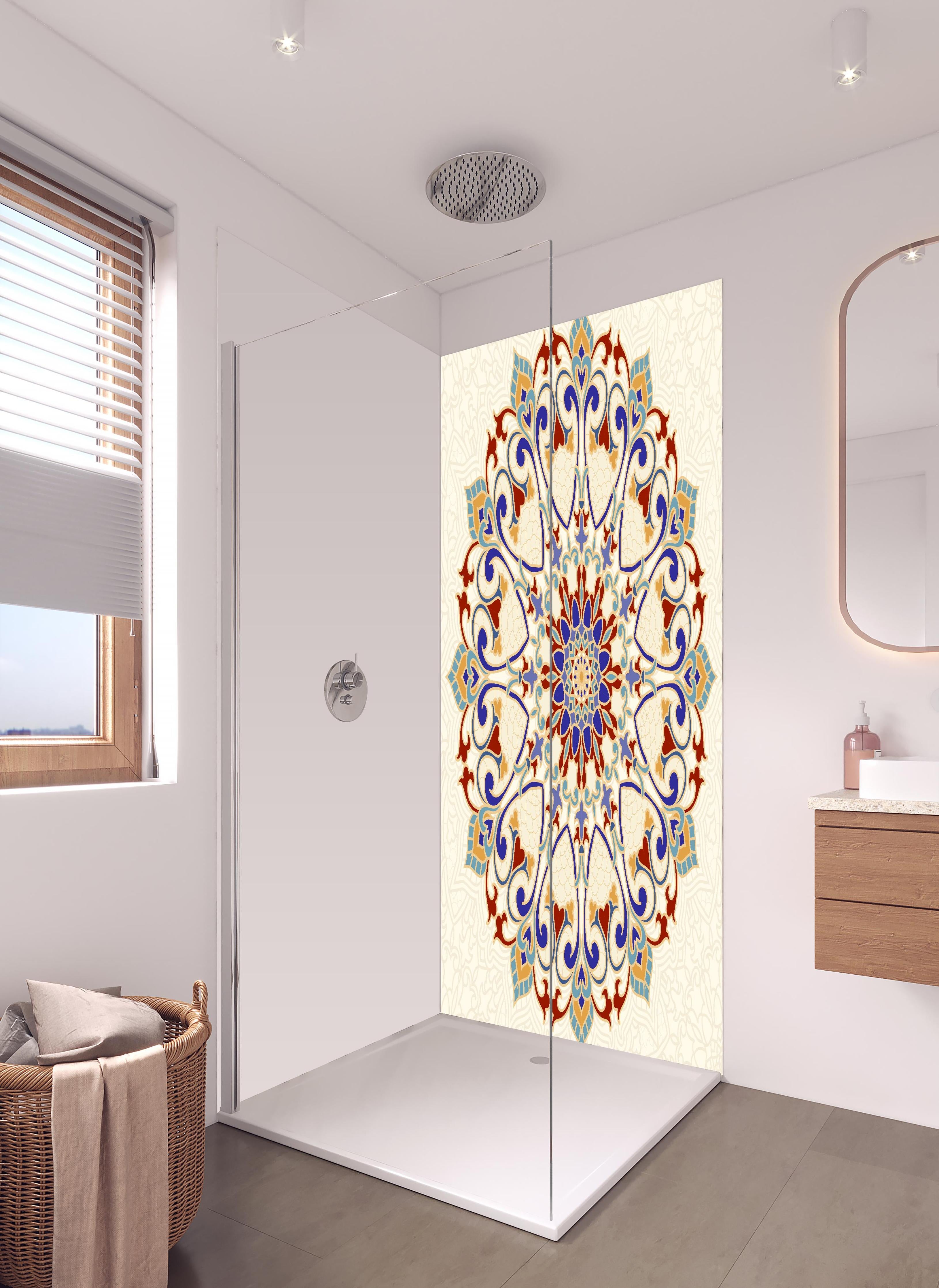 Duschrückwand - Ornamentales Mosaik Mandala in leuchtenden Farben in hellem Badezimmer mit Regenduschkopf - zweiteilige Eck-Duschrückwand