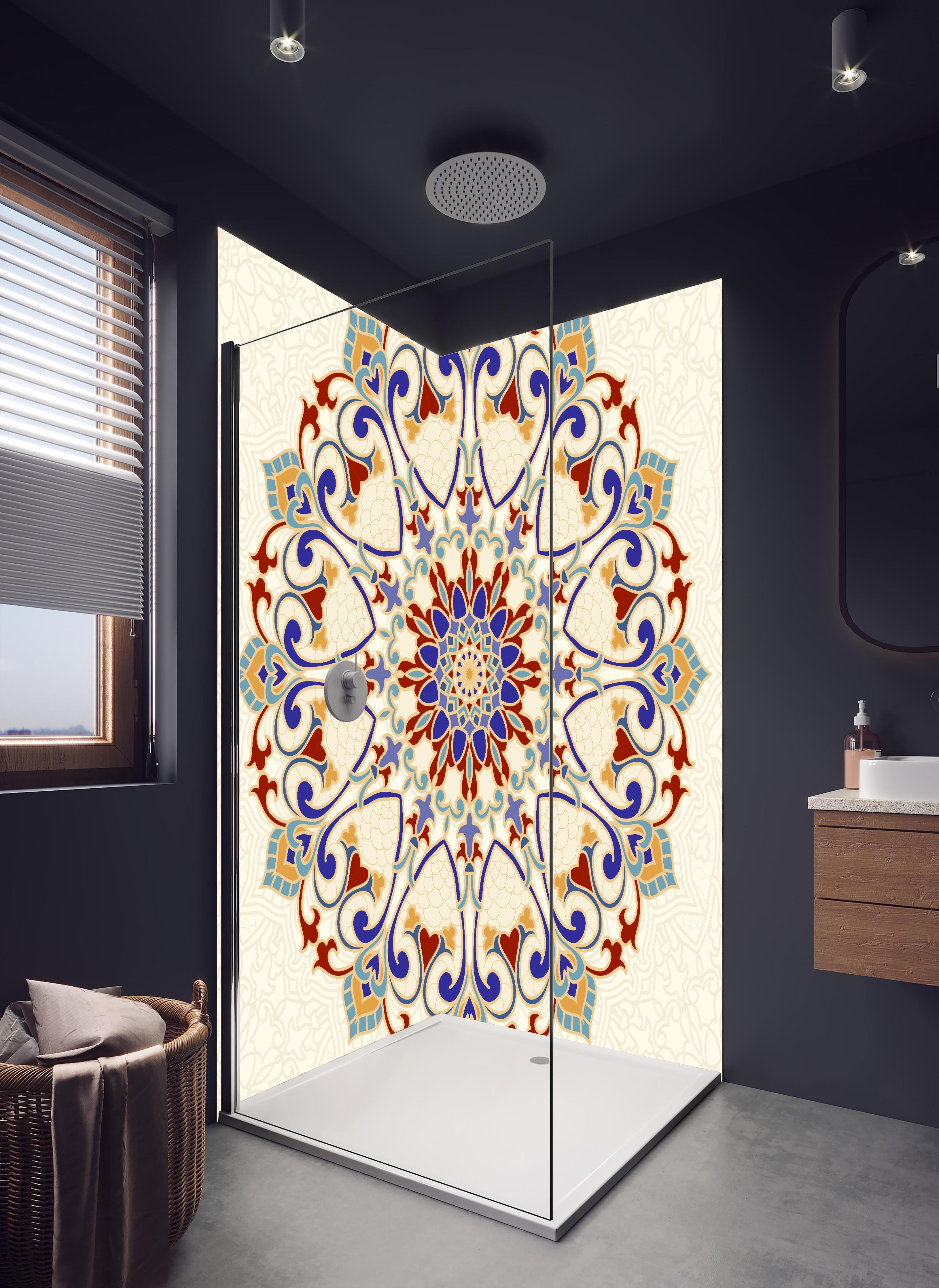 Duschrückwand - Ornamentales Mosaik Mandala in leuchtenden Farben in hellem Badezimmer mit Regenduschkopf - zweiteilige Eck-Duschrückwand