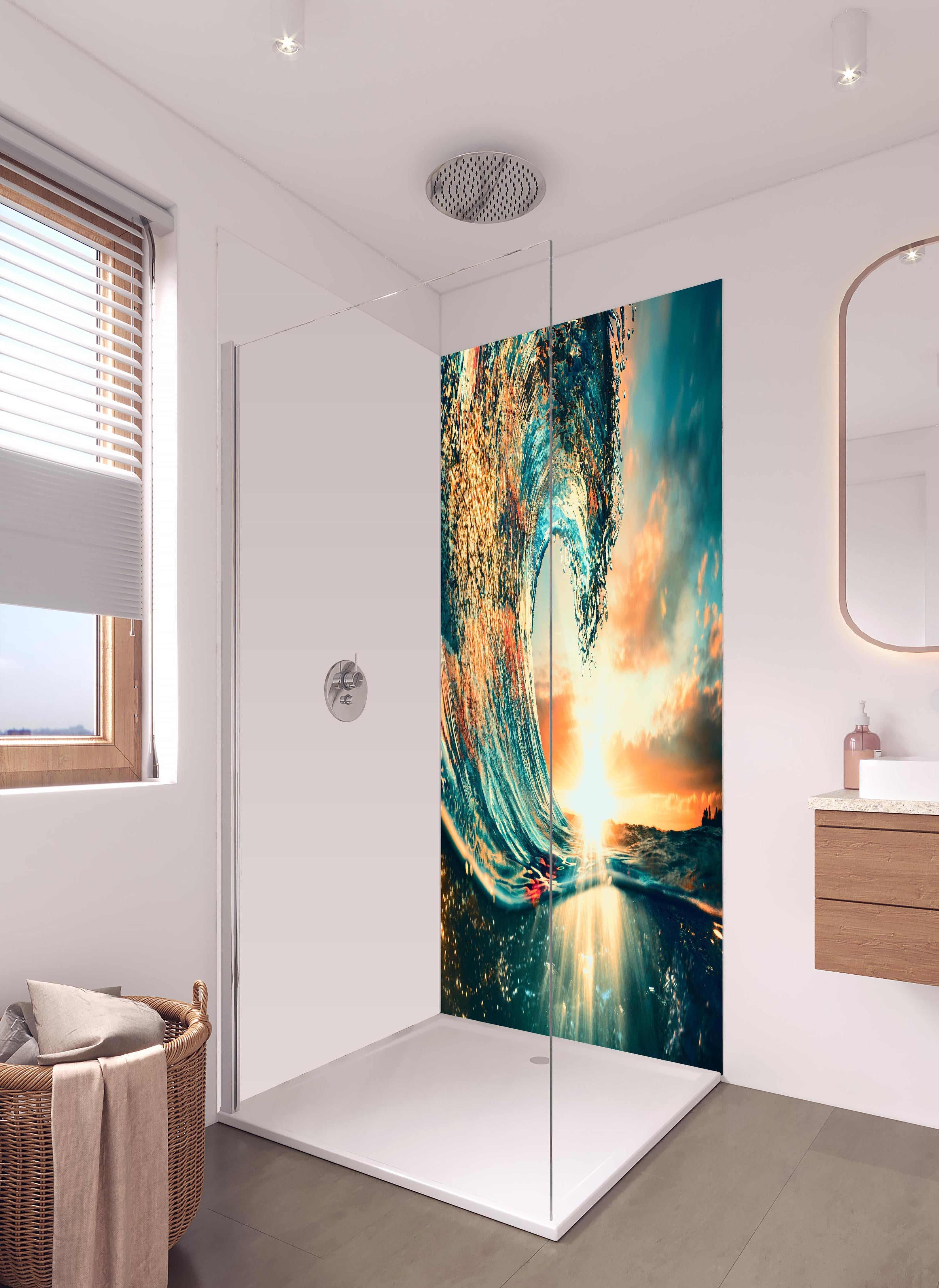 Duschrückwand - Ozean Welle im Sonnenuntergang in hellem Badezimmer mit Regenduschkopf - zweiteilige Eck-Duschrückwand