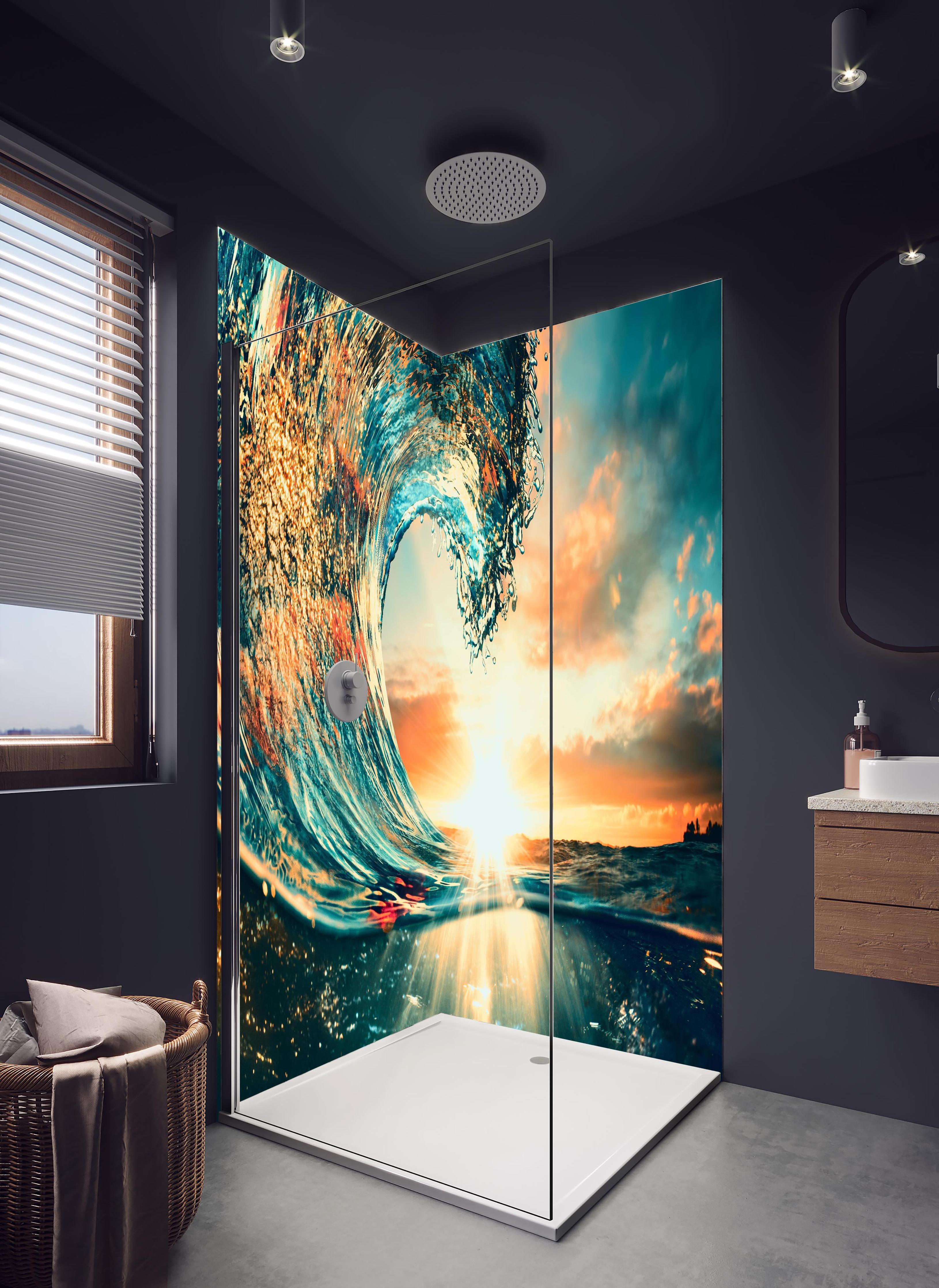 Duschrückwand - Ozean Welle im Sonnenuntergang in hellem Badezimmer mit Regenduschkopf - zweiteilige Eck-Duschrückwand