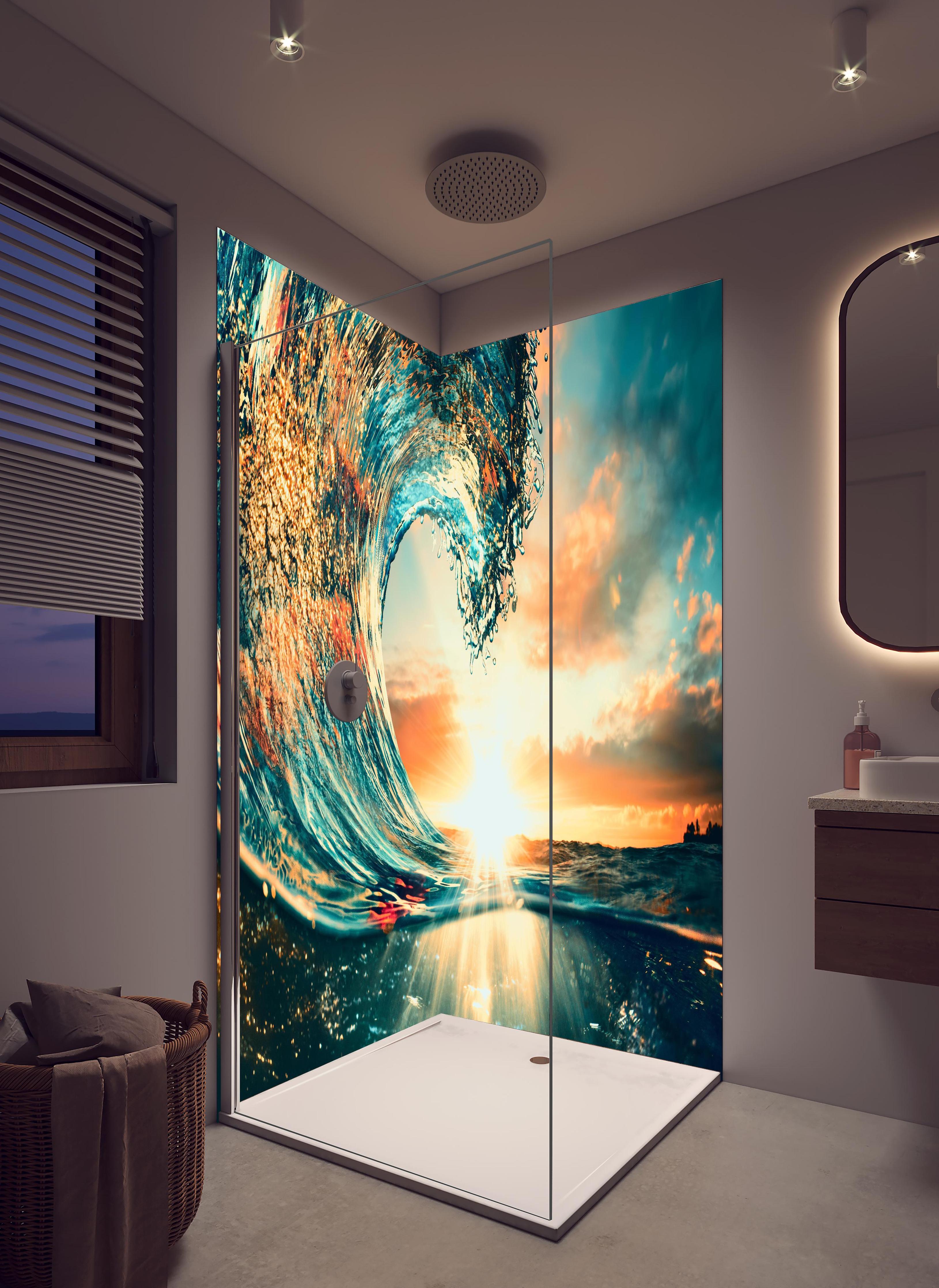Duschrückwand - Ozean Welle im Sonnenuntergang in hellem Badezimmer mit Regenduschkopf - zweiteilige Eck-Duschrückwand