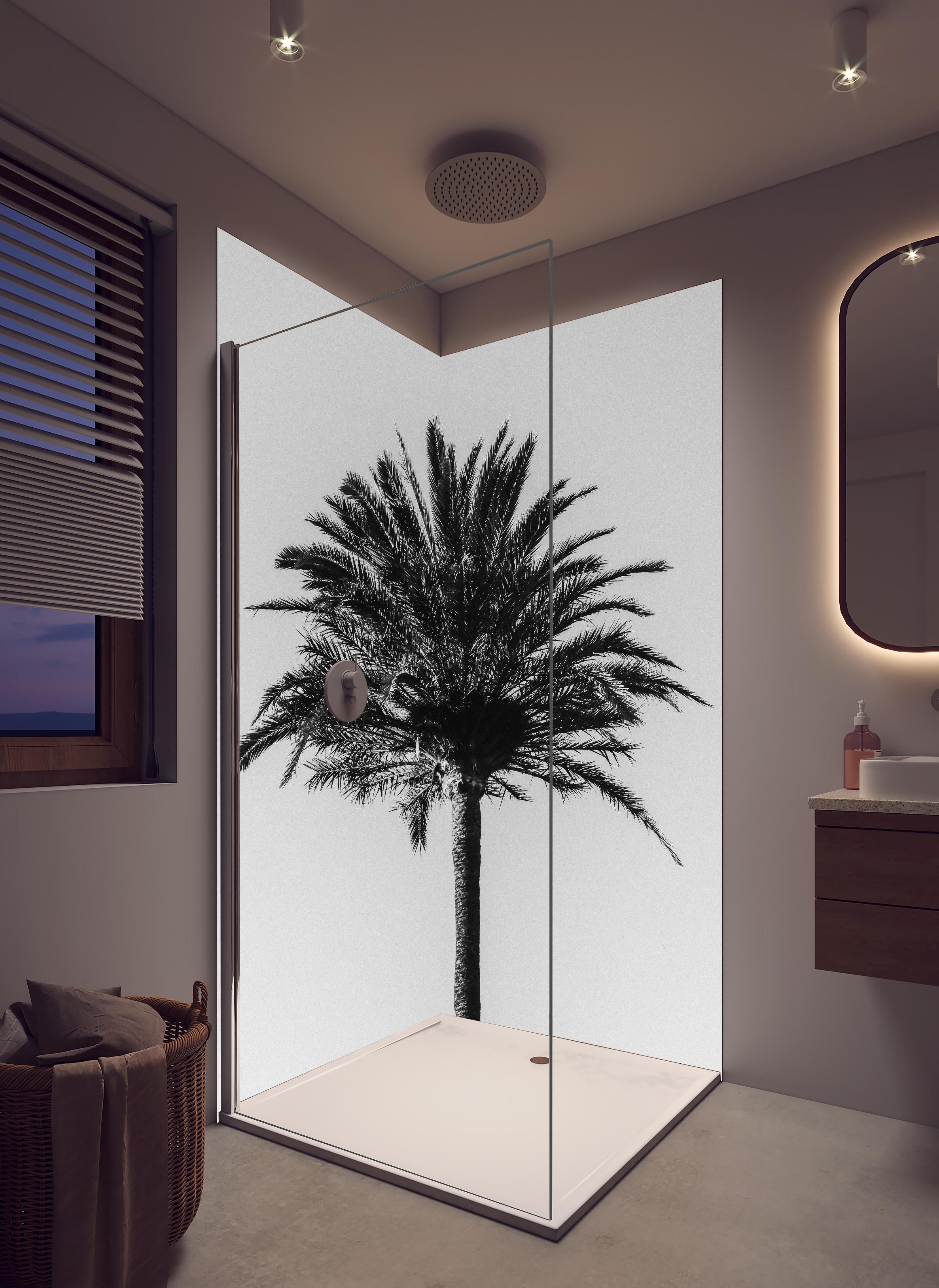 Duschrückwand - Palme - Schwarz-weiß in hellem Badezimmer mit Regenduschkopf - zweiteilige Eck-Duschrückwand