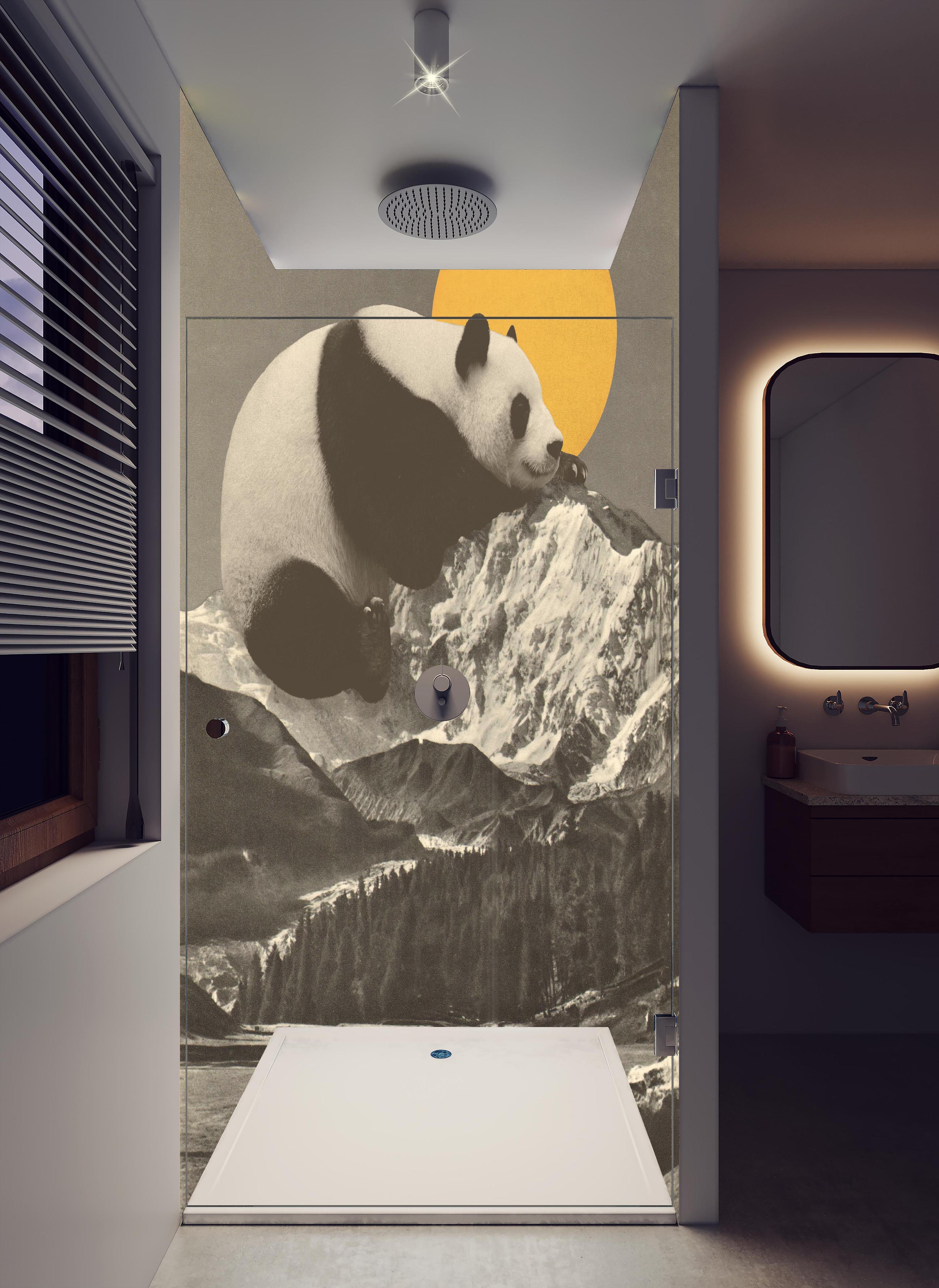 Duschrückwand - Panda Rast Monochrom Bergkulisse in hellem Badezimmer mit Regenduschkopf - zweiteilige Eck-Duschrückwand