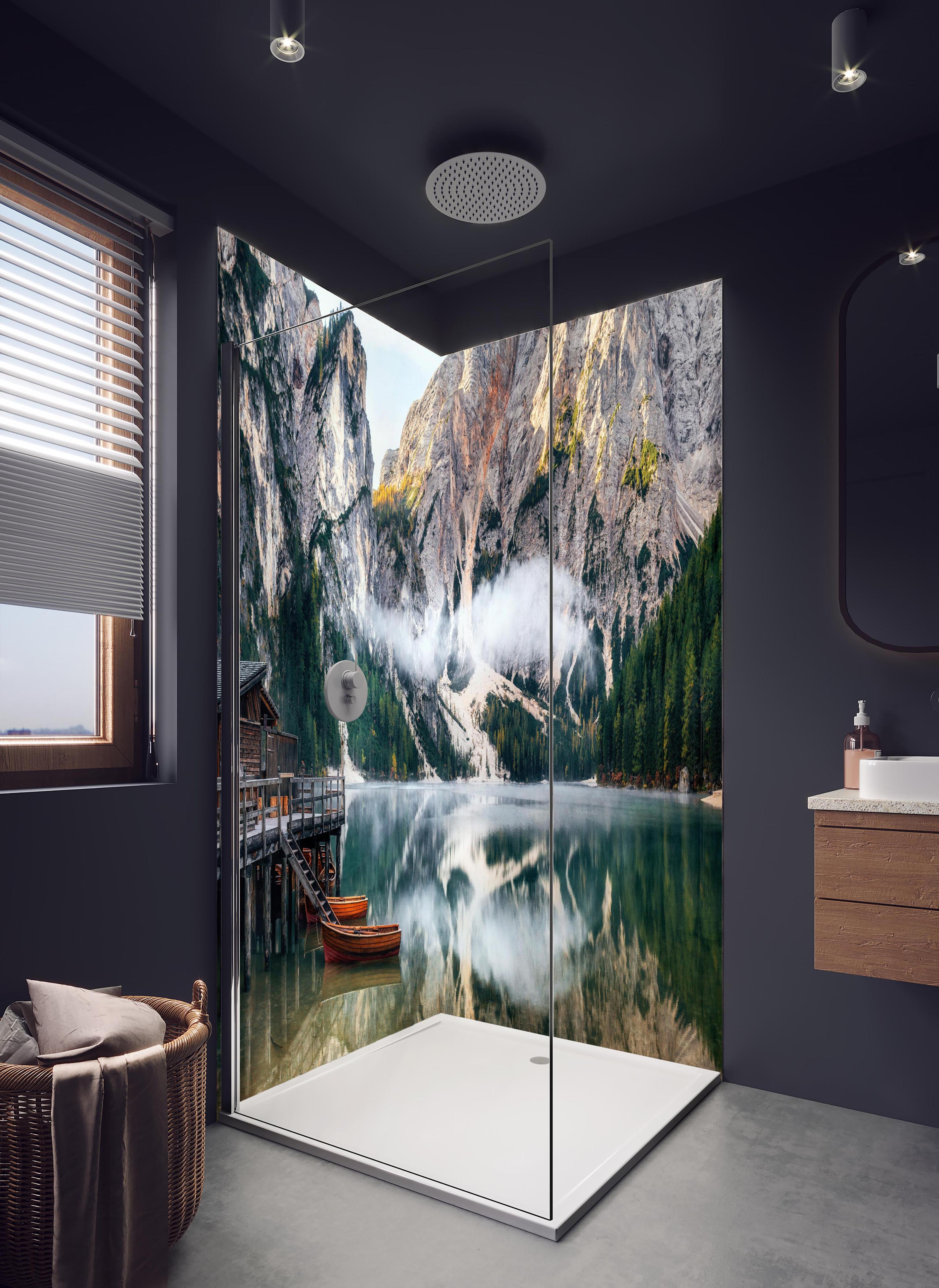 Duschrückwand - Panoramablick auf Pragser Wildsee in hellem Badezimmer mit Regenduschkopf - zweiteilige Eck-Duschrückwand