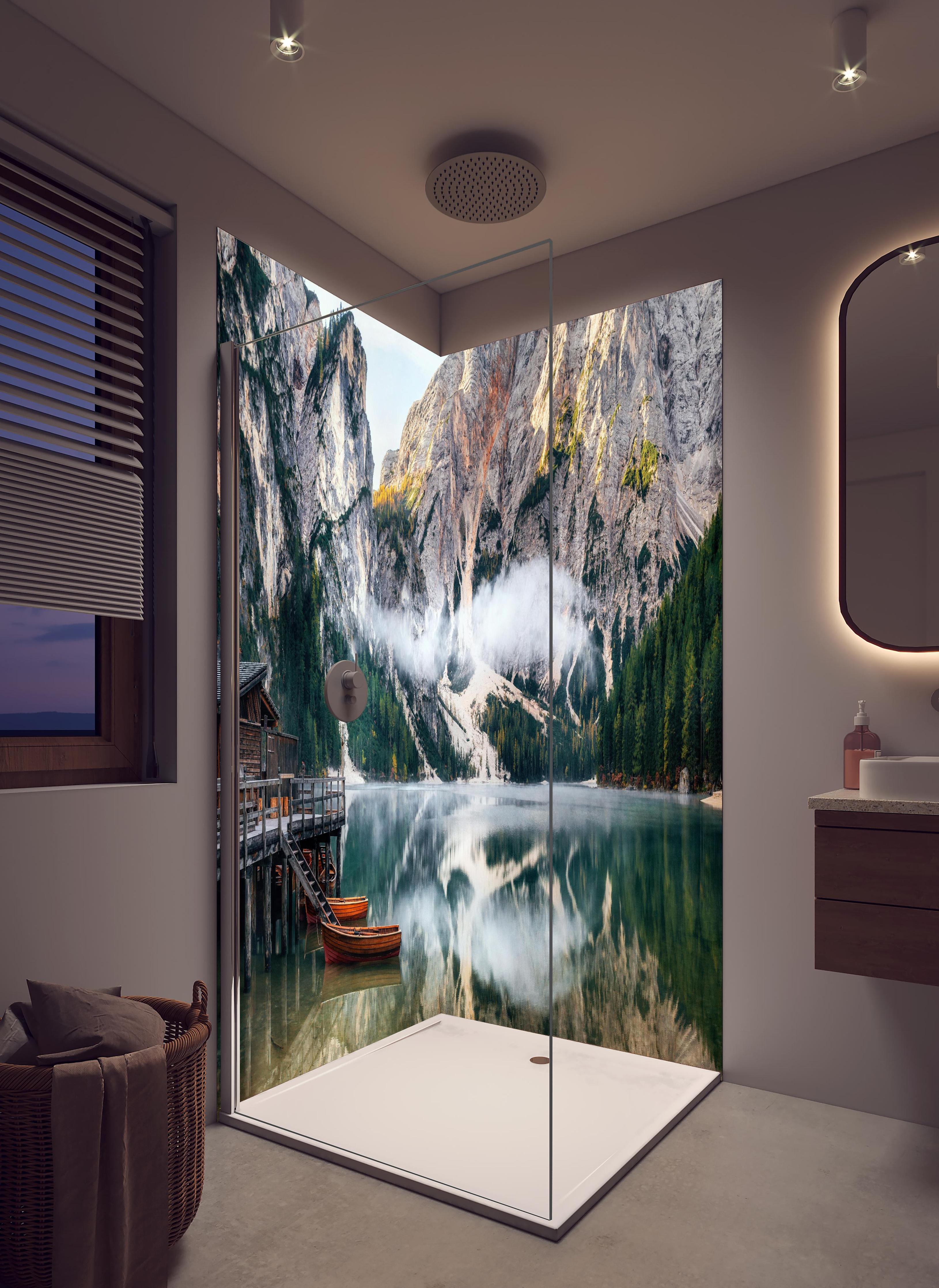 Duschrückwand - Panoramablick auf Pragser Wildsee in hellem Badezimmer mit Regenduschkopf - zweiteilige Eck-Duschrückwand