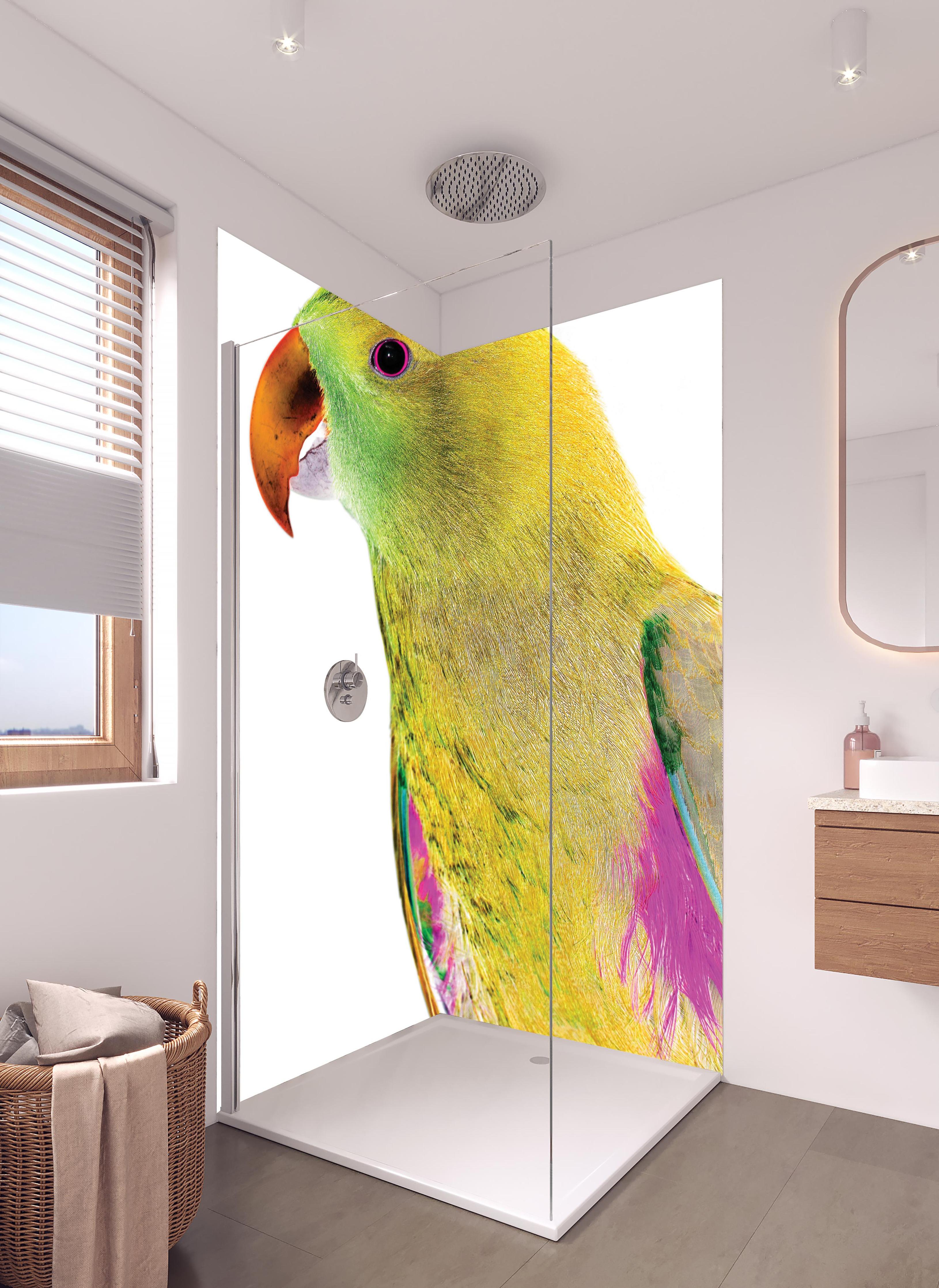 Duschrückwand - Papagei - Nahaufnahme in hellem Badezimmer mit Regenduschkopf - zweiteilige Eck-Duschrückwand
