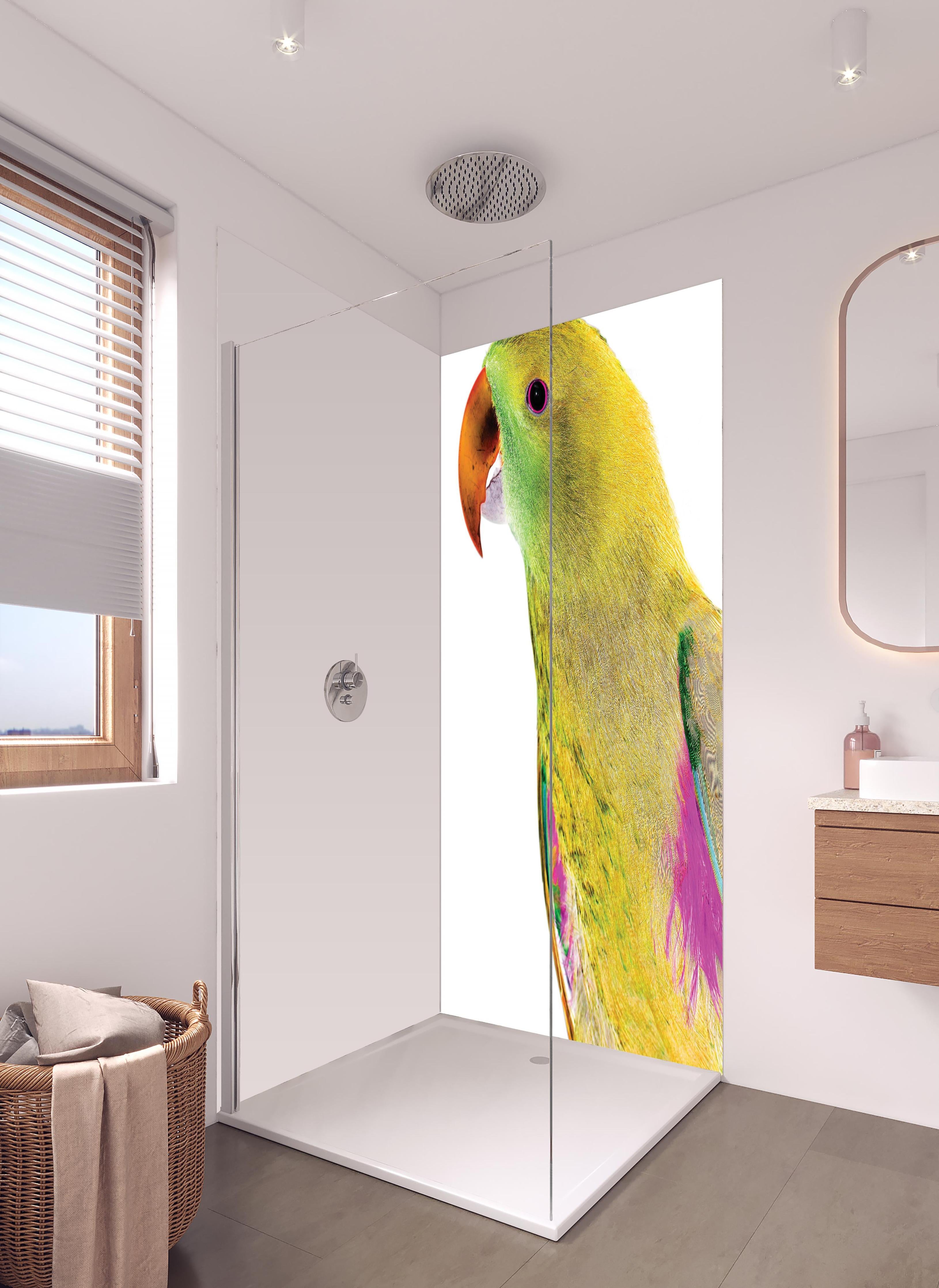 Duschrückwand - Papagei - Nahaufnahme in hellem Badezimmer mit Regenduschkopf - zweiteilige Eck-Duschrückwand