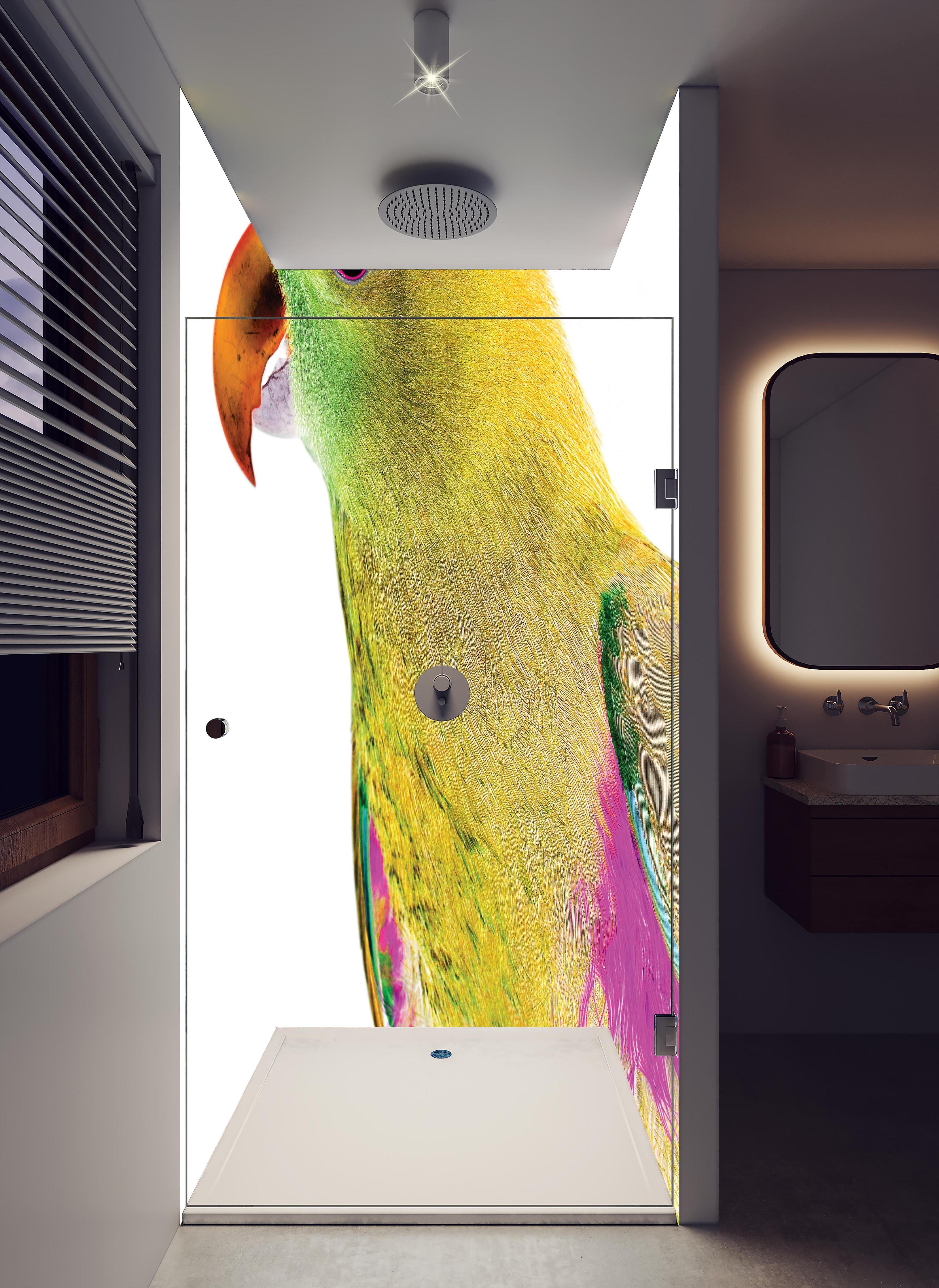 Duschrückwand - Papagei - Nahaufnahme in hellem Badezimmer mit Regenduschkopf - zweiteilige Eck-Duschrückwand