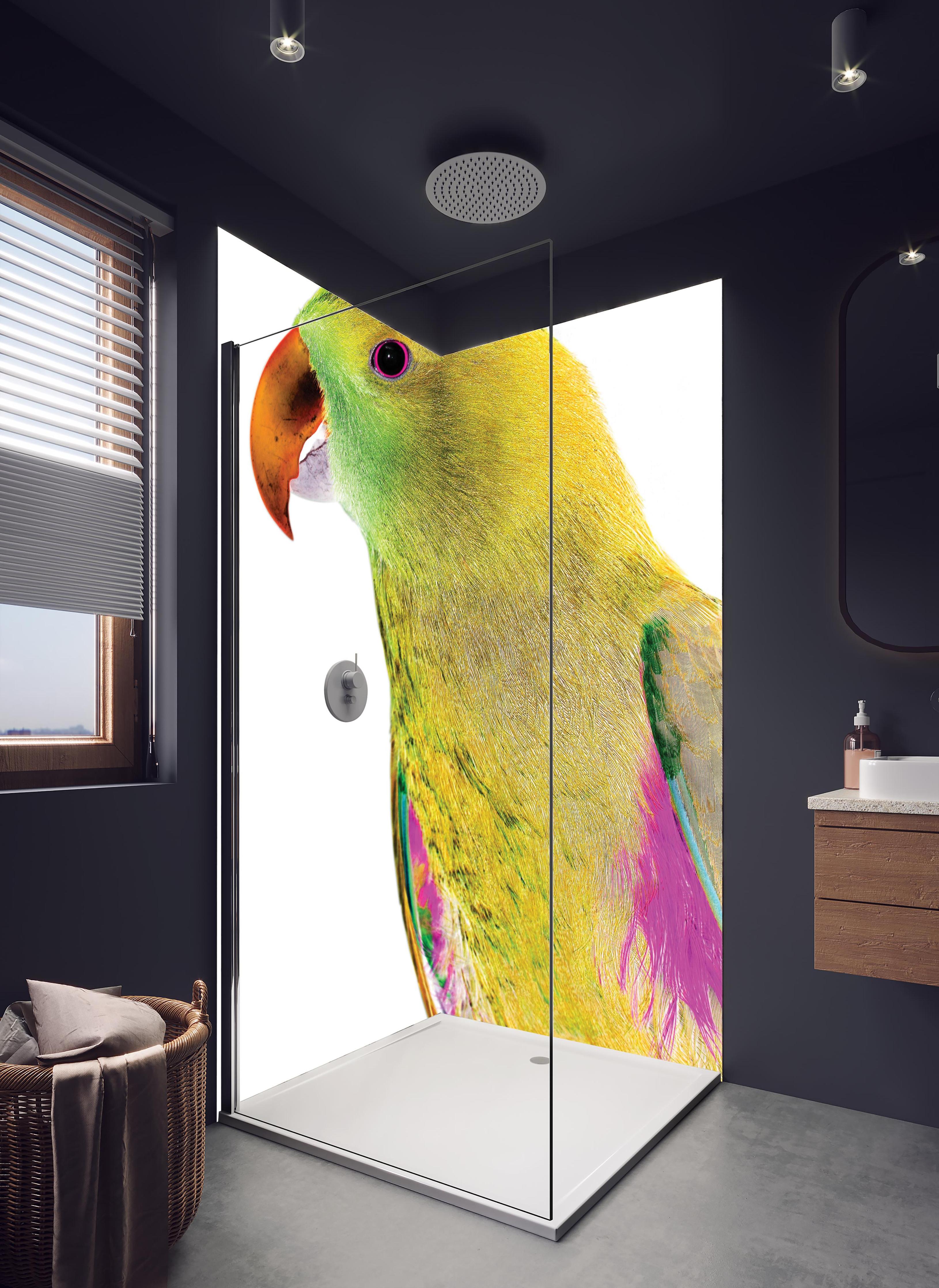 Duschrückwand - Papagei - Nahaufnahme in hellem Badezimmer mit Regenduschkopf - zweiteilige Eck-Duschrückwand