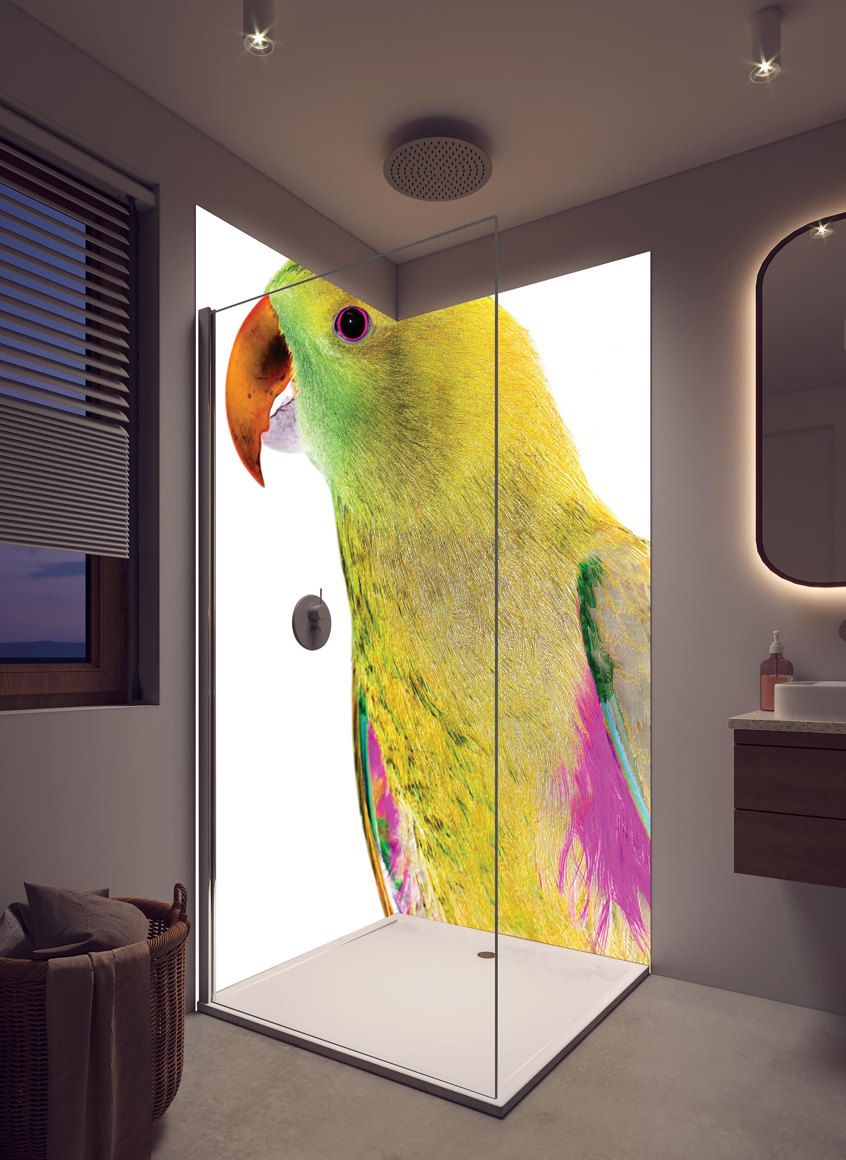 Duschrückwand - Papagei - Nahaufnahme in hellem Badezimmer mit Regenduschkopf - zweiteilige Eck-Duschrückwand