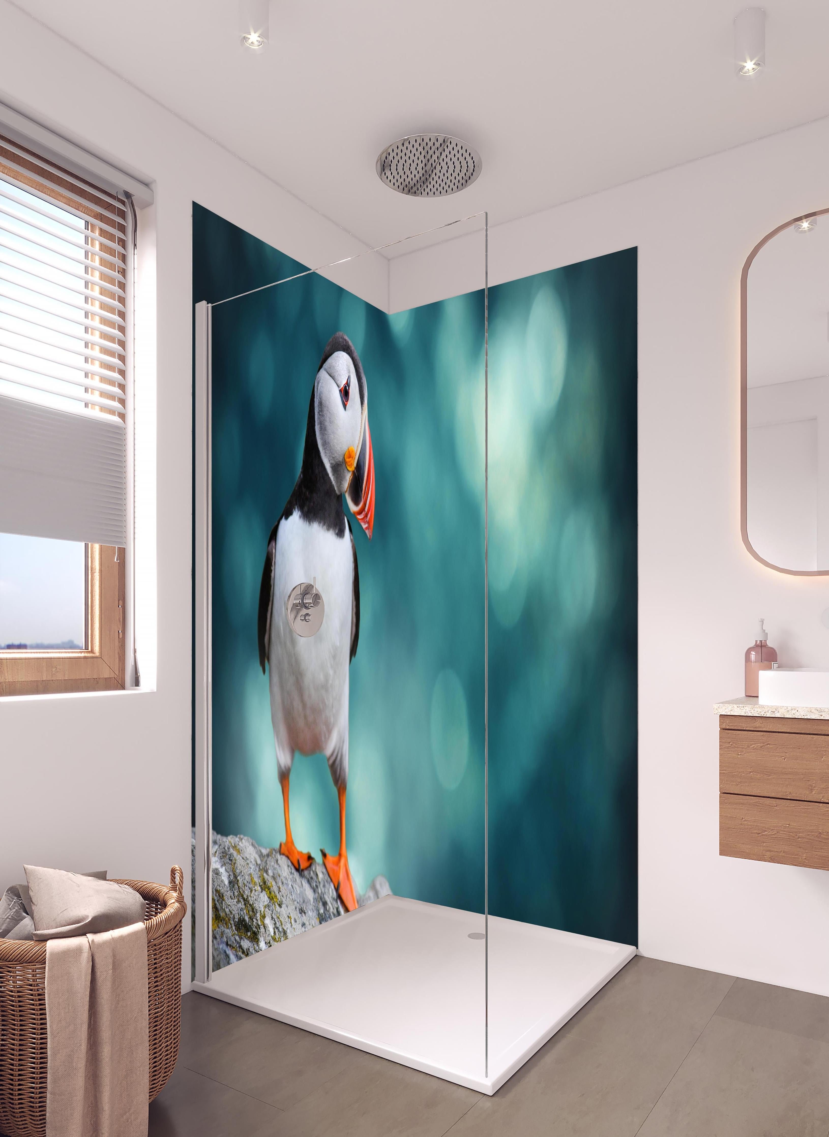 Duschrückwand - Papageientaucher auf Fels in hellem Badezimmer mit Regenduschkopf - zweiteilige Eck-Duschrückwand