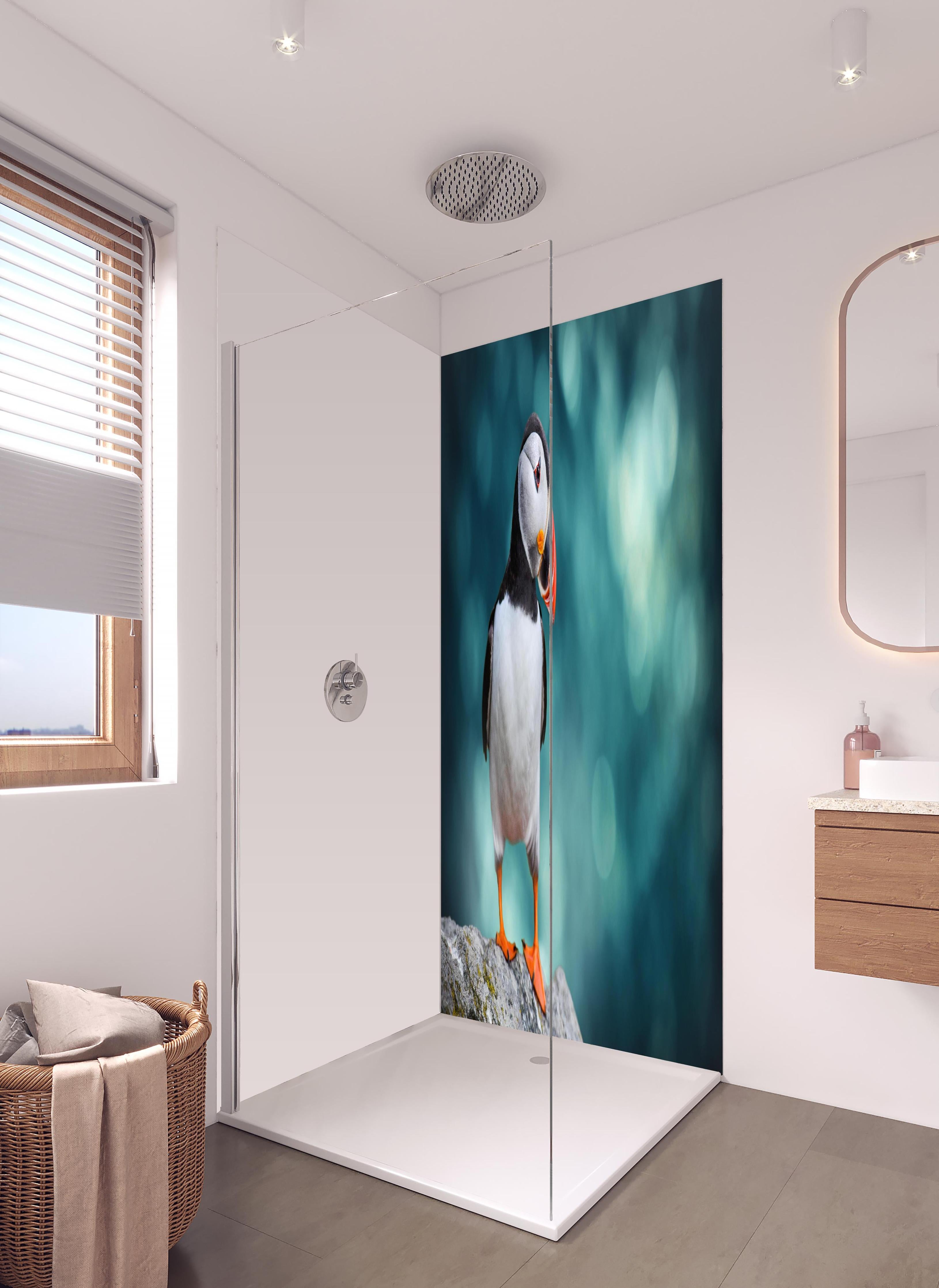 Duschrückwand - Papageientaucher auf Fels in hellem Badezimmer mit Regenduschkopf - zweiteilige Eck-Duschrückwand