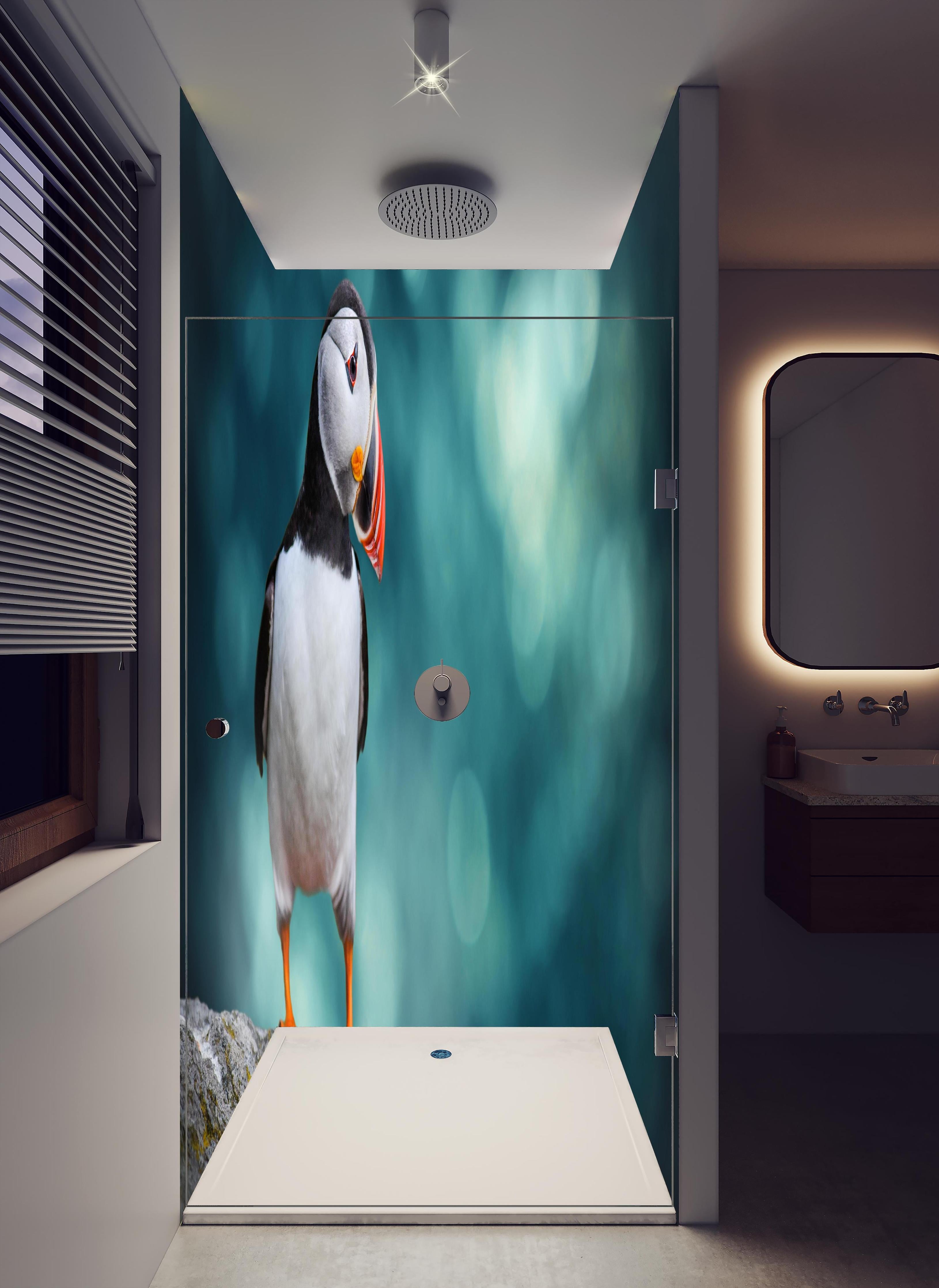 Duschrückwand - Papageientaucher auf Fels in hellem Badezimmer mit Regenduschkopf - zweiteilige Eck-Duschrückwand