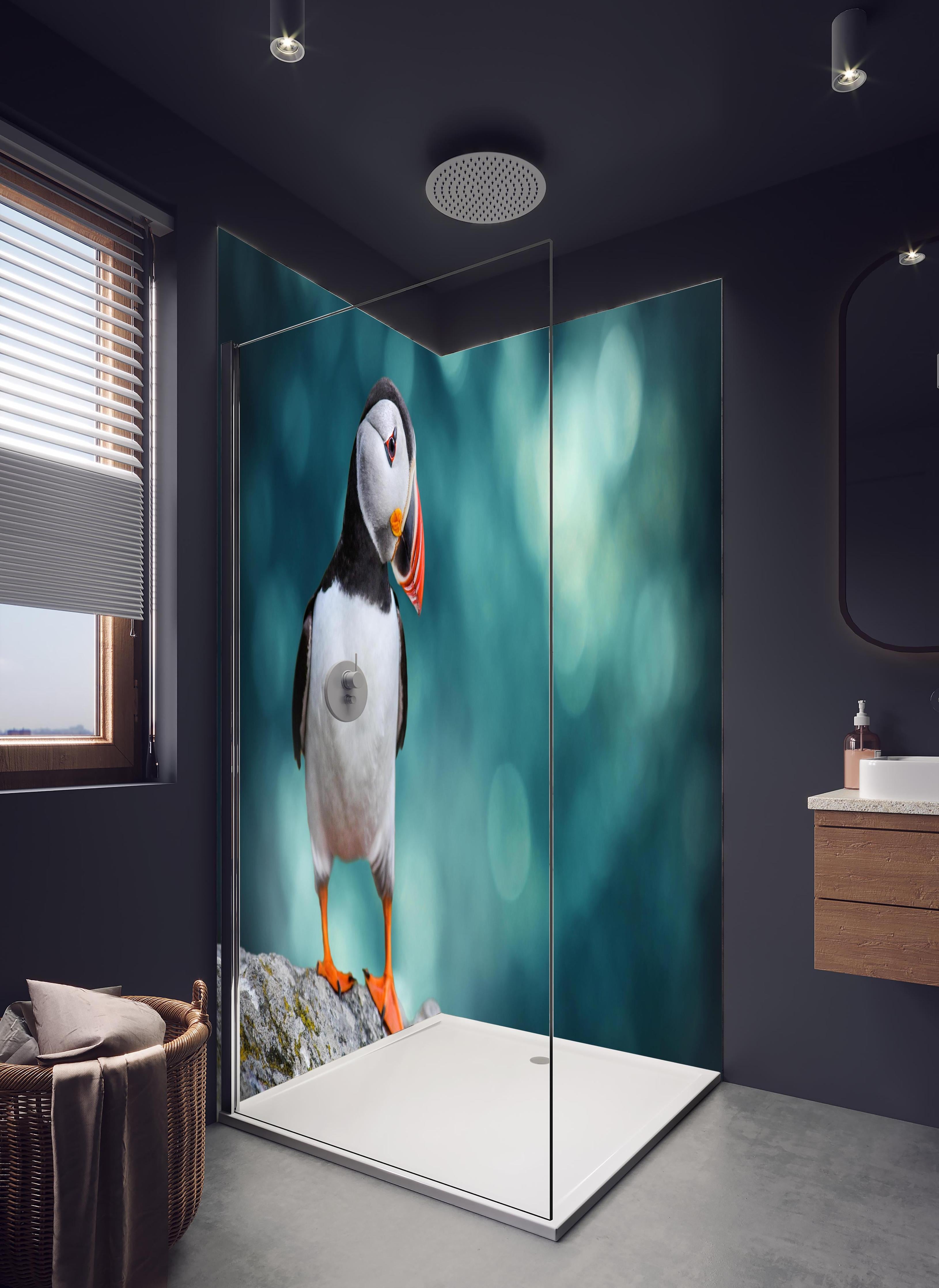 Duschrückwand - Papageientaucher auf Fels in hellem Badezimmer mit Regenduschkopf - zweiteilige Eck-Duschrückwand