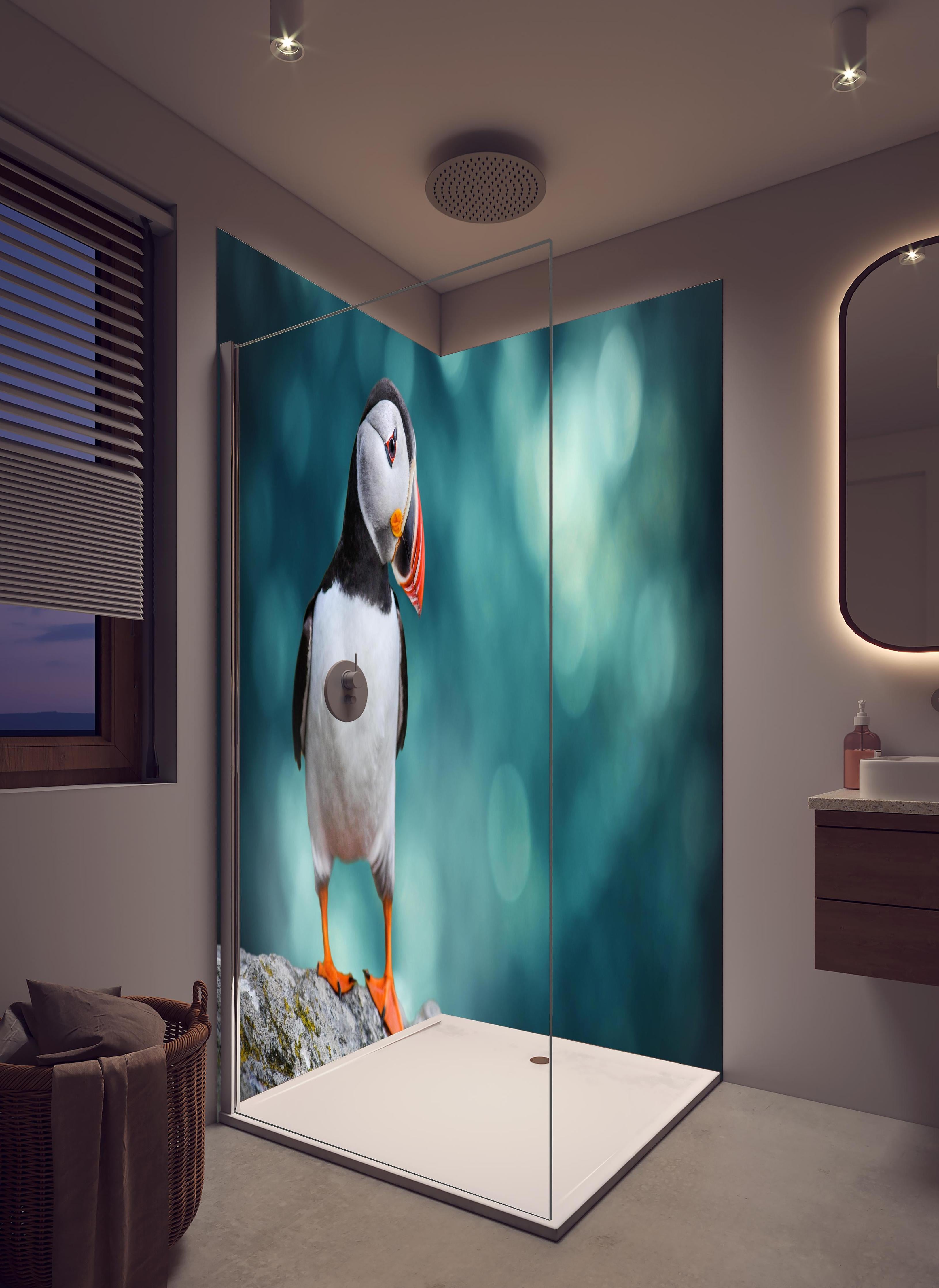 Duschrückwand - Papageientaucher auf Fels in hellem Badezimmer mit Regenduschkopf - zweiteilige Eck-Duschrückwand