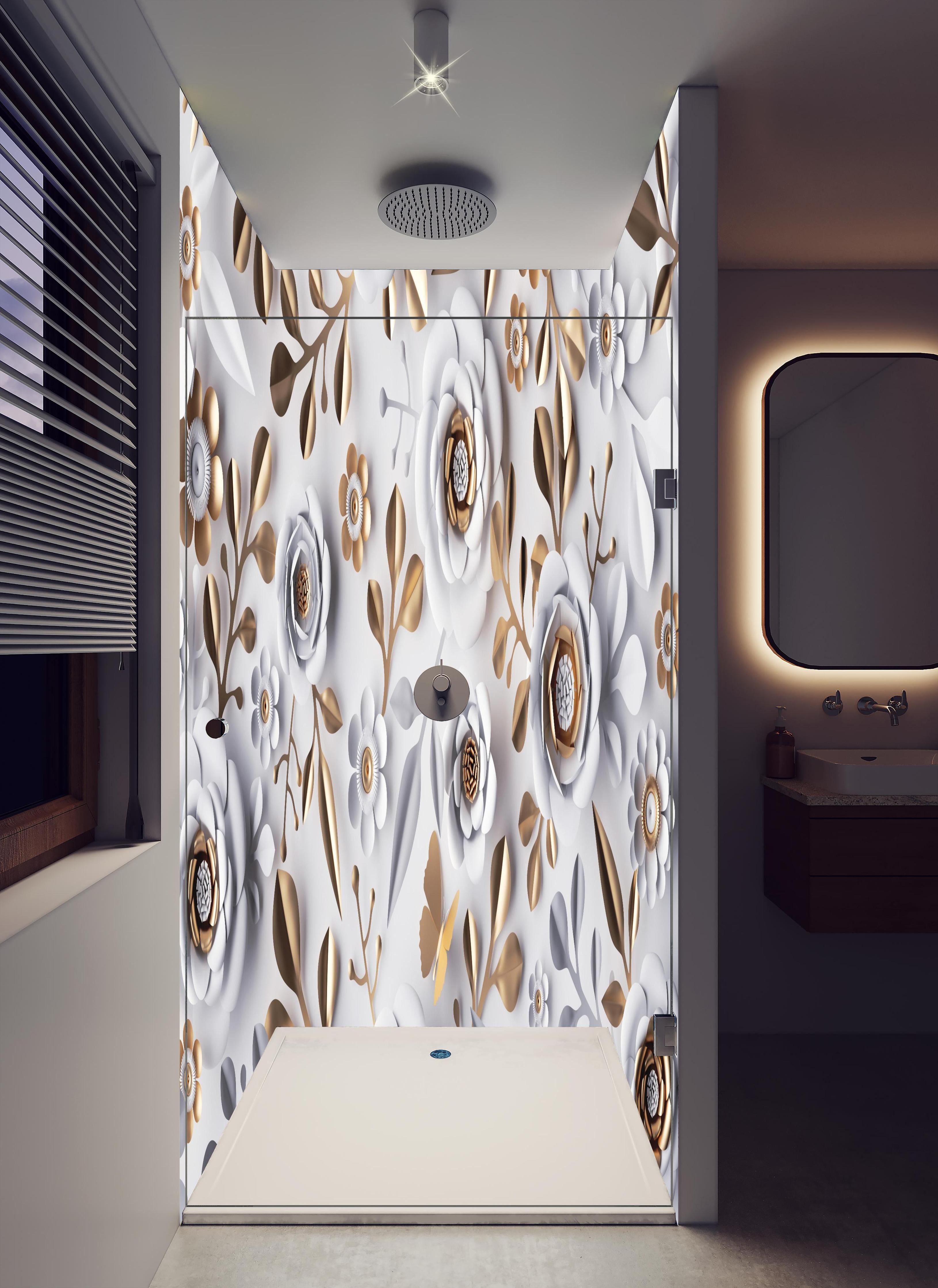 Duschrückwand - Papierblumen Hintergrund in Weiß und Gold in hellem Badezimmer mit Regenduschkopf - zweiteilige Eck-Duschrückwand