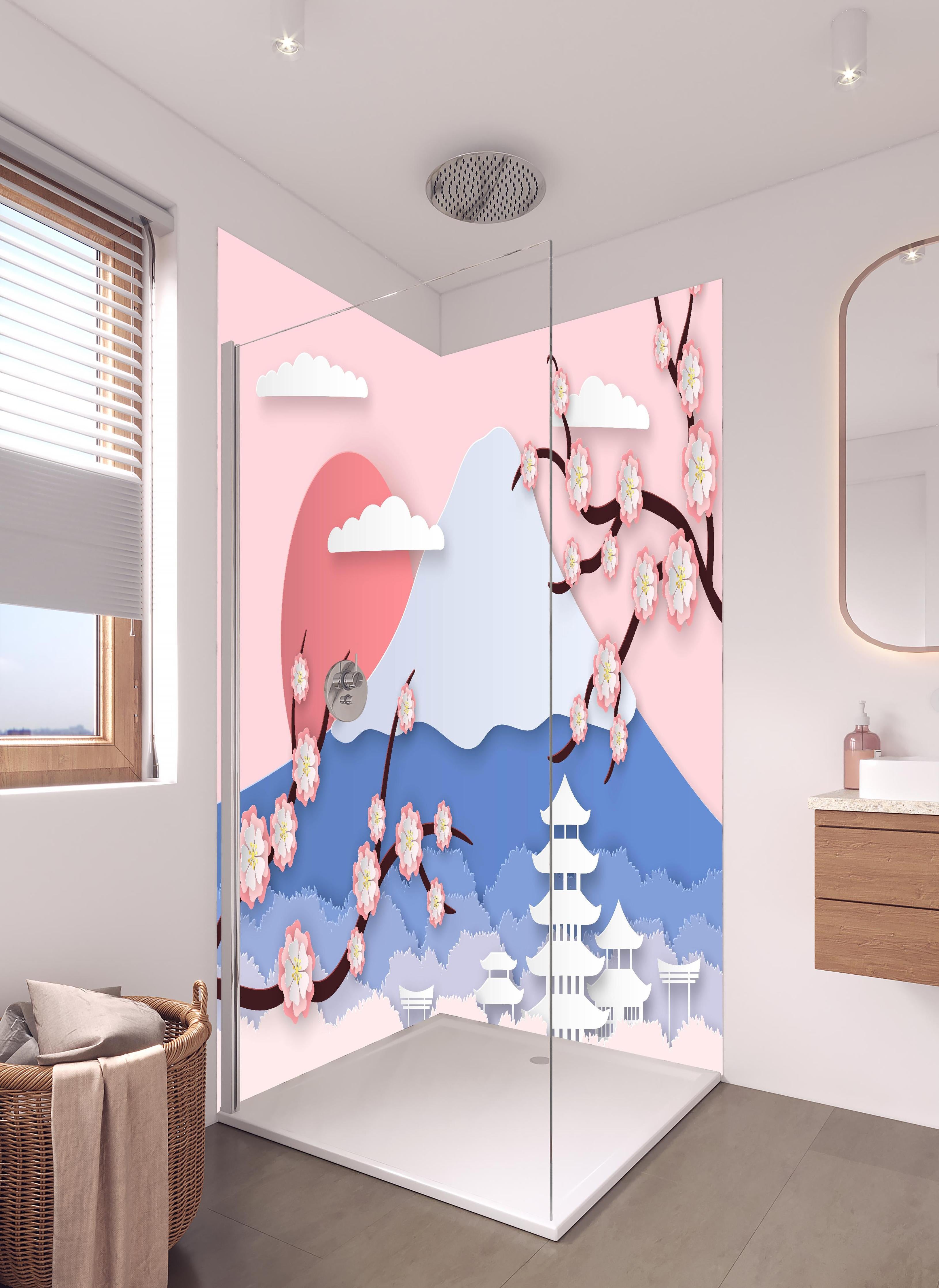 Duschrückwand - Papierkunst Japan Berge Sakura Sonnenuntergang in hellem Badezimmer mit Regenduschkopf - zweiteilige Eck-Duschrückwand