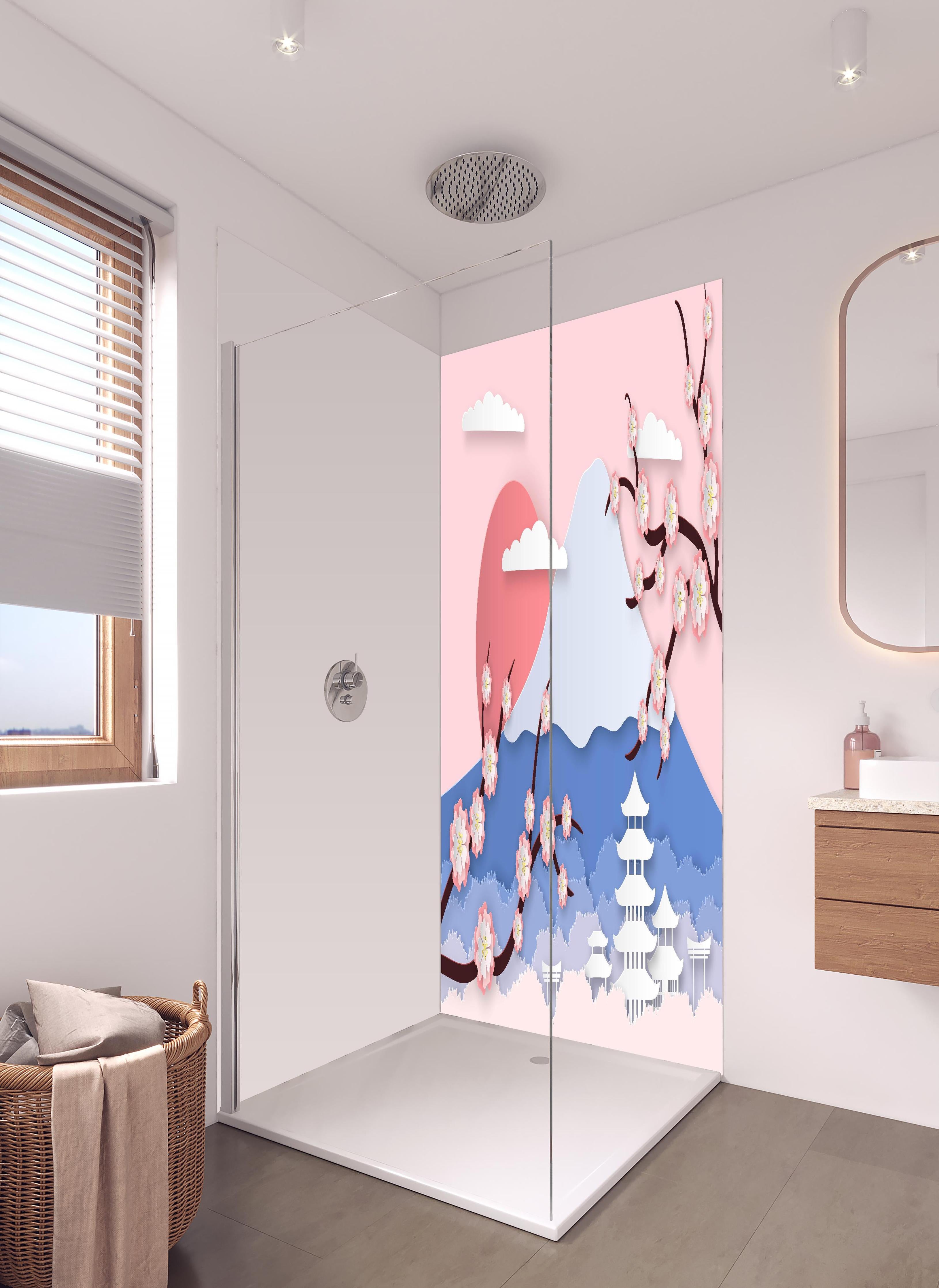 Duschrückwand - Papierkunst Japan Berge Sakura Sonnenuntergang in hellem Badezimmer mit Regenduschkopf - zweiteilige Eck-Duschrückwand