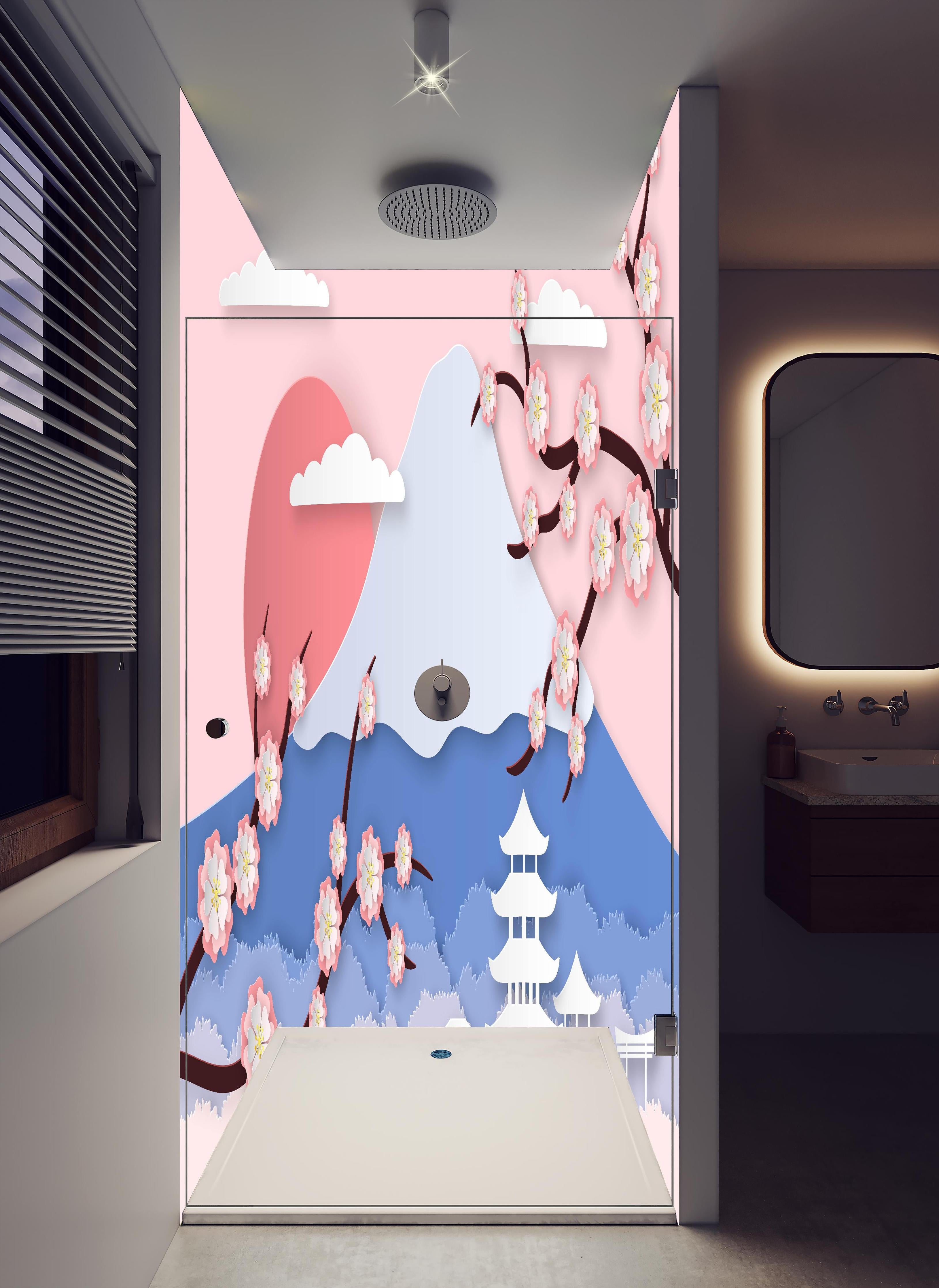 Duschrückwand - Papierkunst Japan Berge Sakura Sonnenuntergang in hellem Badezimmer mit Regenduschkopf - zweiteilige Eck-Duschrückwand